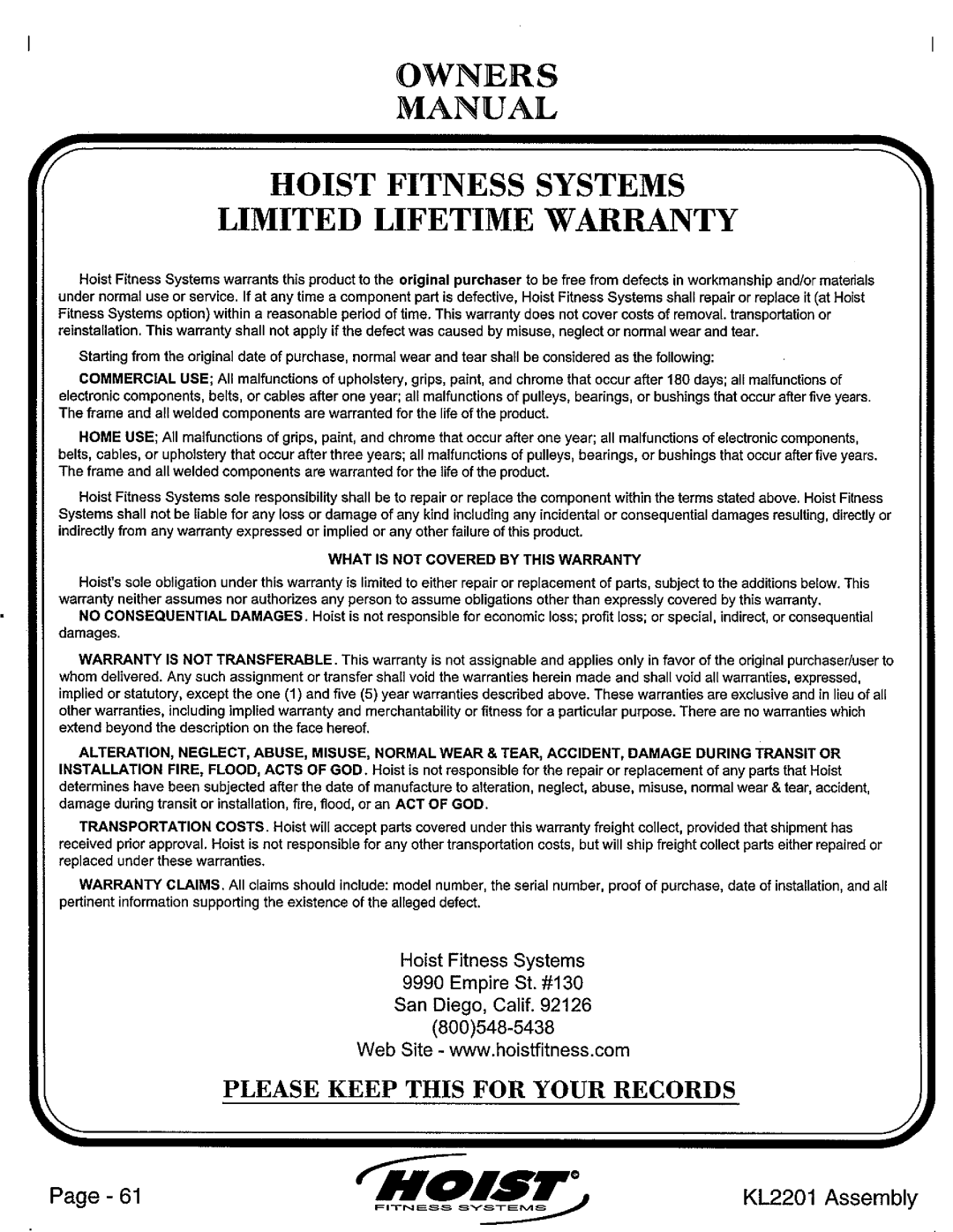 Hoist Fitness KL2201 manual 