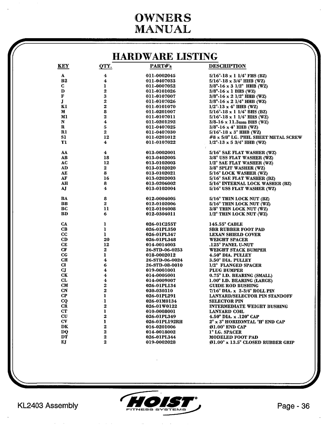 Hoist Fitness KL2403 manual 