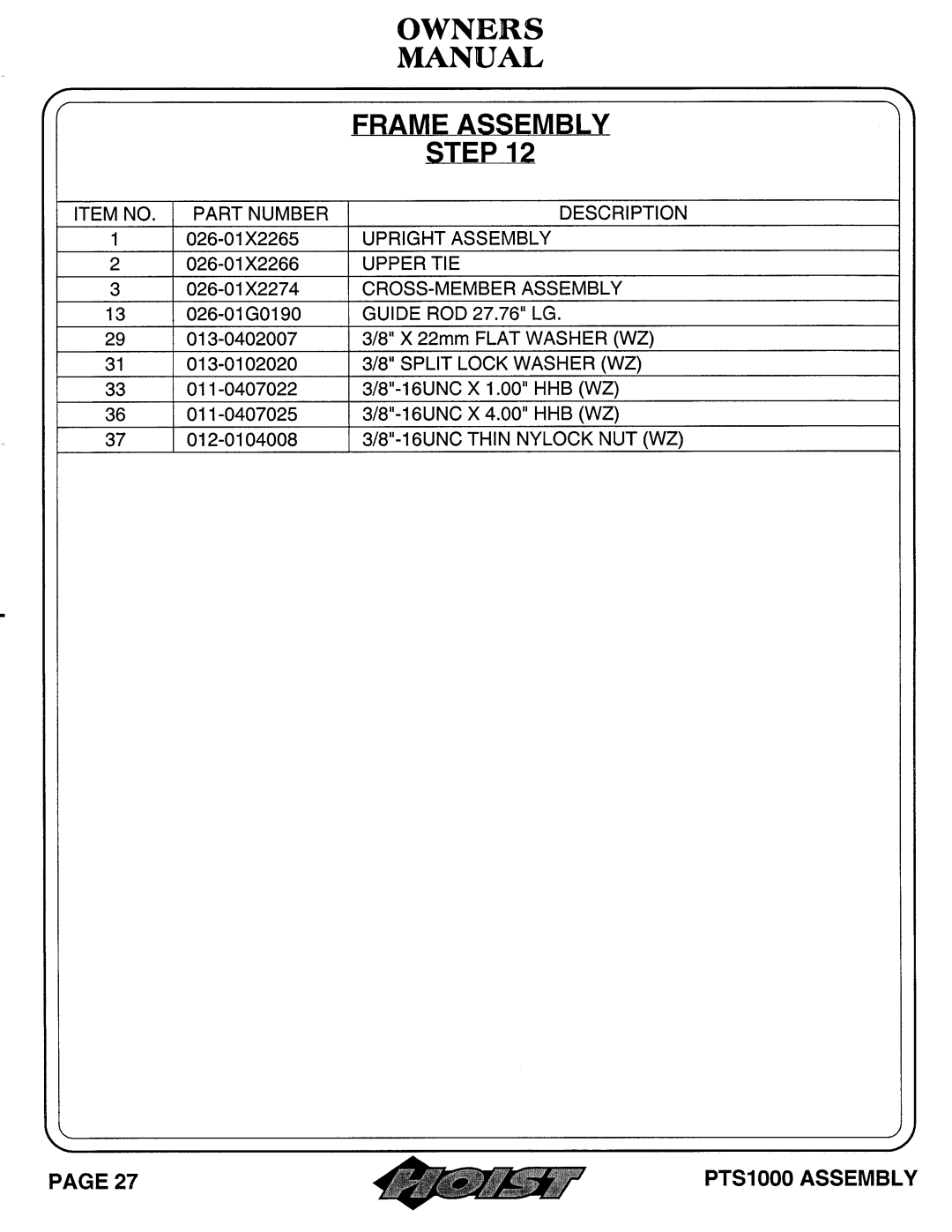 Hoist Fitness PTS 1000 owner manual 