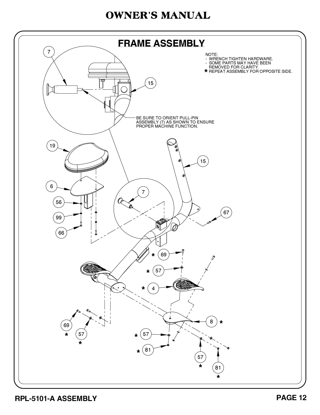 Hoist Fitness RPL-5101-A owner manual Frame Assembly 