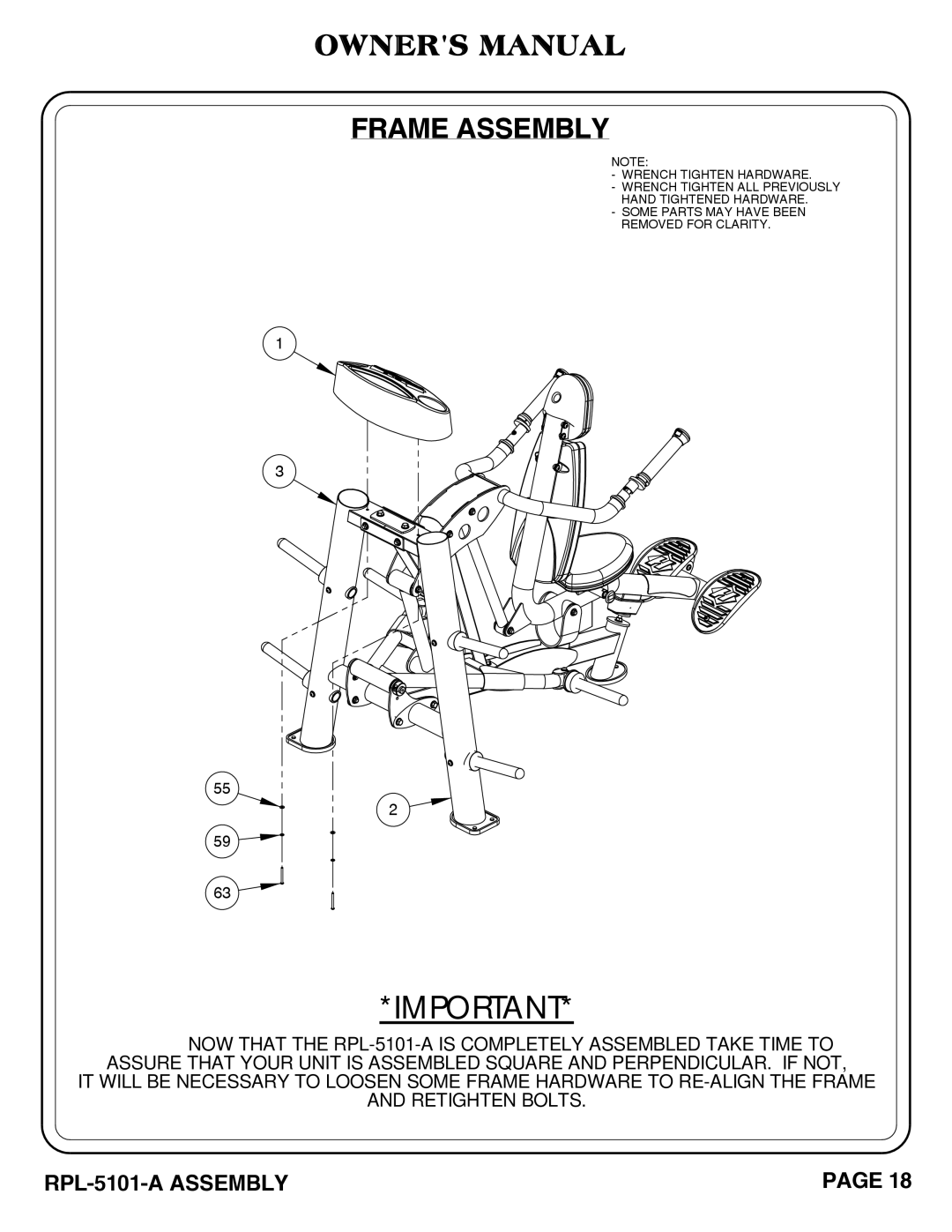 Hoist Fitness RPL-5101-A owner manual Frame Assembly 