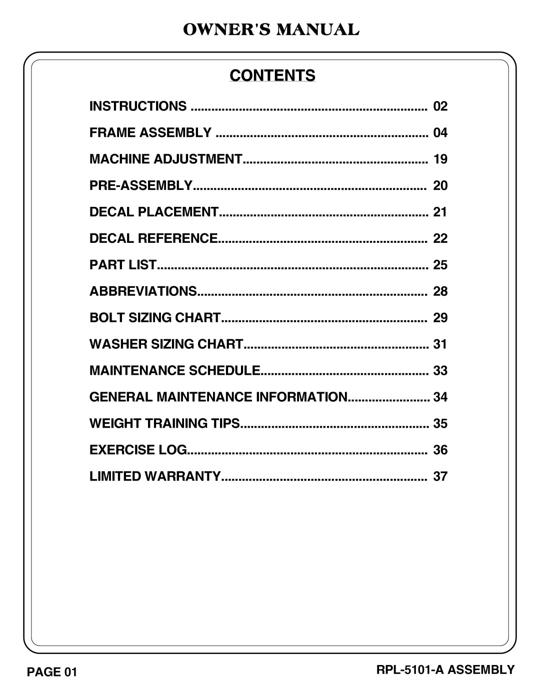 Hoist Fitness RPL-5101-A owner manual Contents 