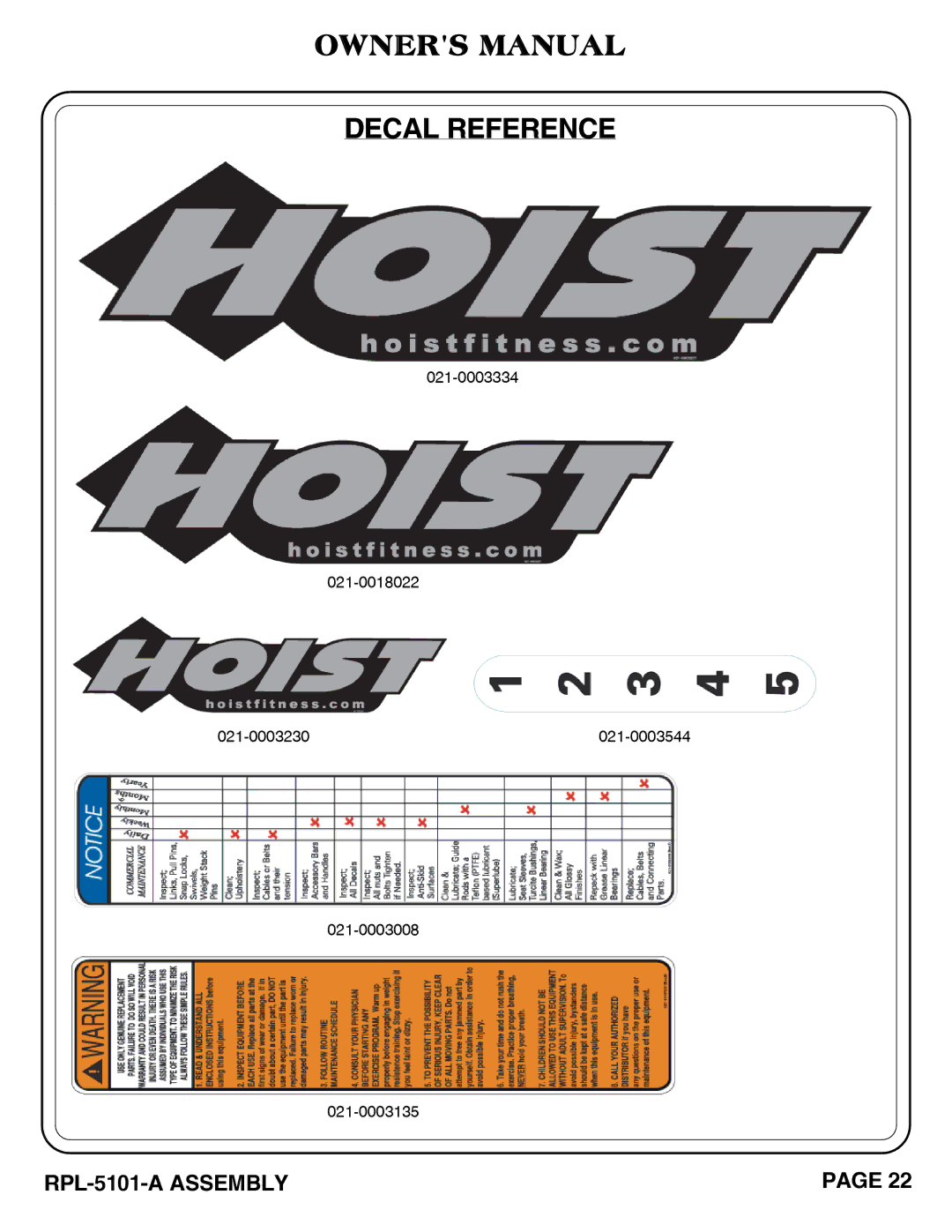 Hoist Fitness RPL-5101-A owner manual Decal Reference 