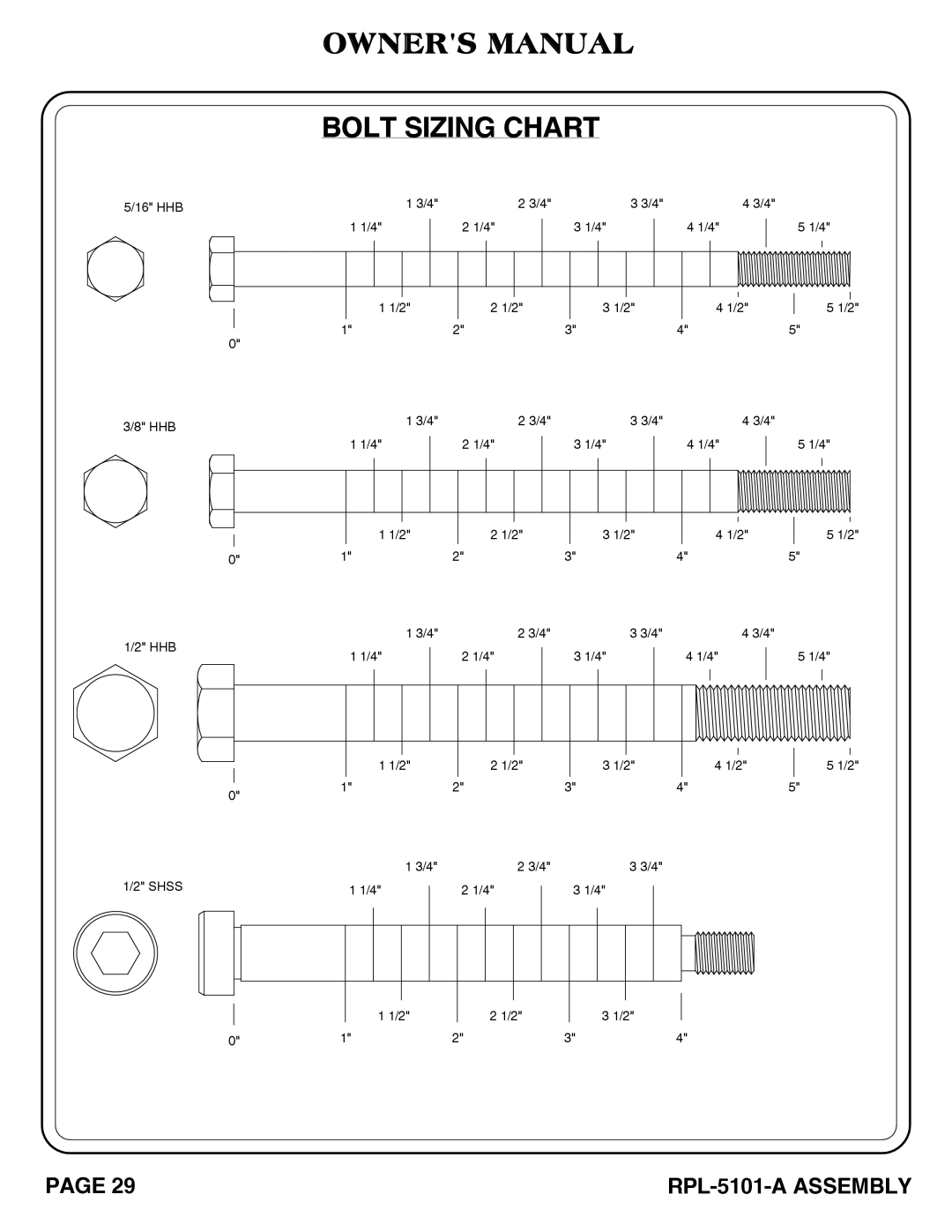 Hoist Fitness RPL-5101-A owner manual Bolt Sizing Chart 