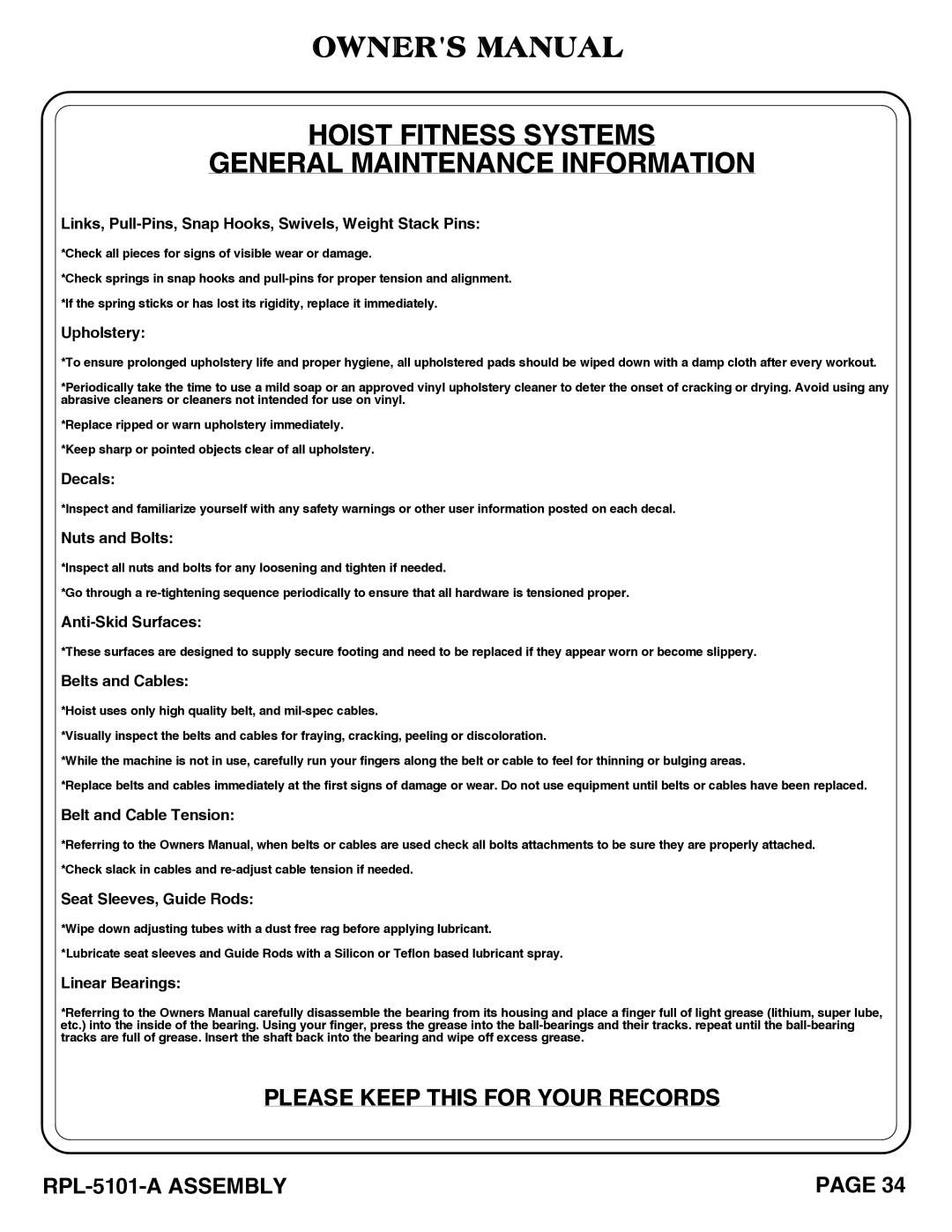 Hoist Fitness RPL-5101-A owner manual Hoist Fitness Systems General Maintenance Information 