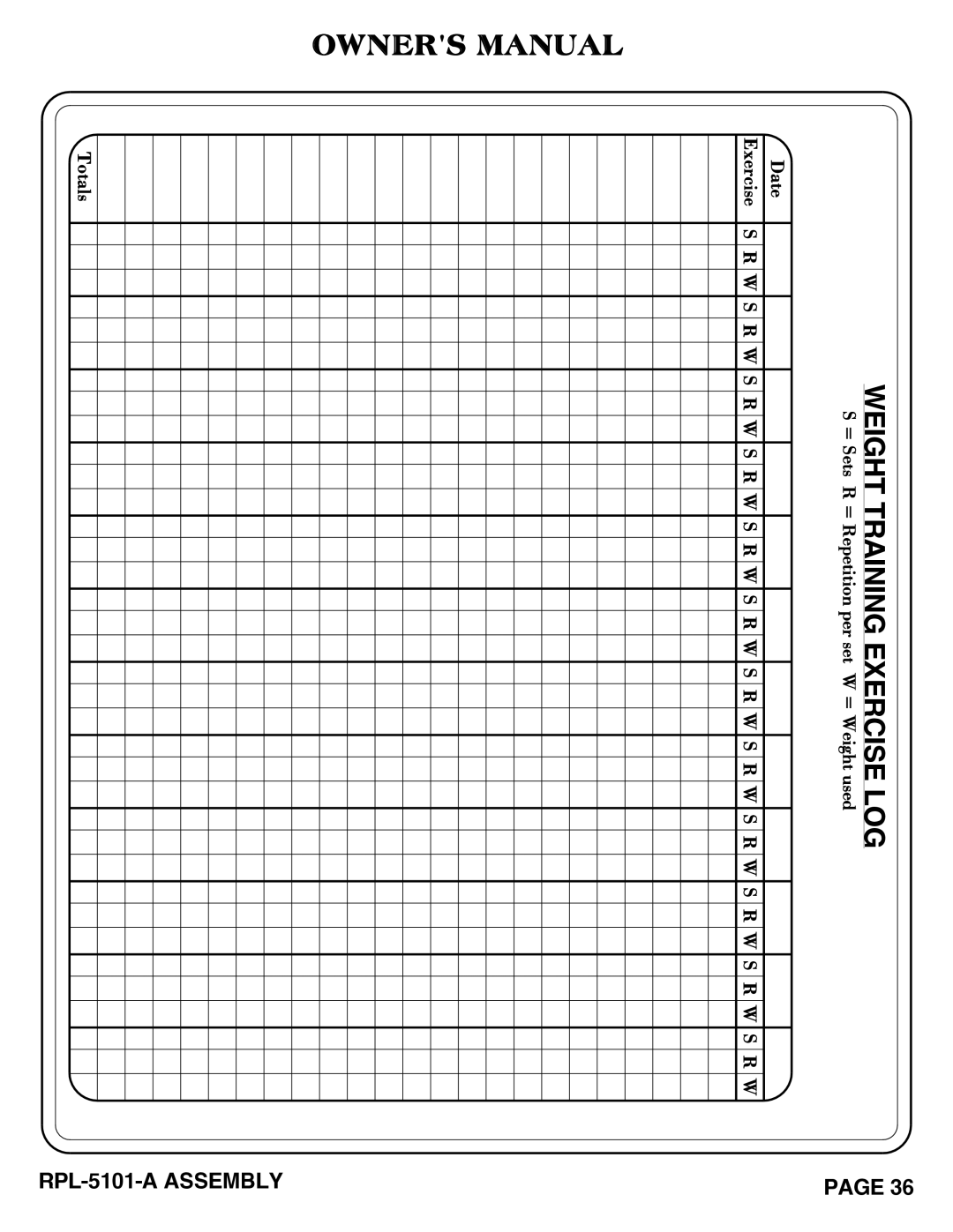 Hoist Fitness RPL-5101-A owner manual Weight Training Exercise LOG 