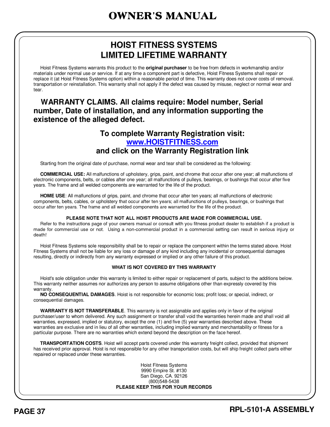 Hoist Fitness RPL-5101-A owner manual Hoist Fitness Systems Limited Lifetime Warranty 