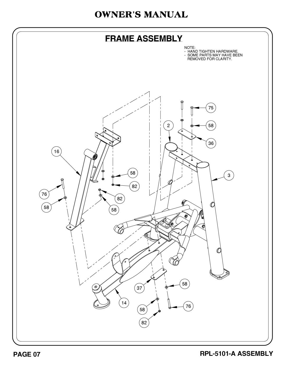 Hoist Fitness RPL-5101-A owner manual Frame Assembly 