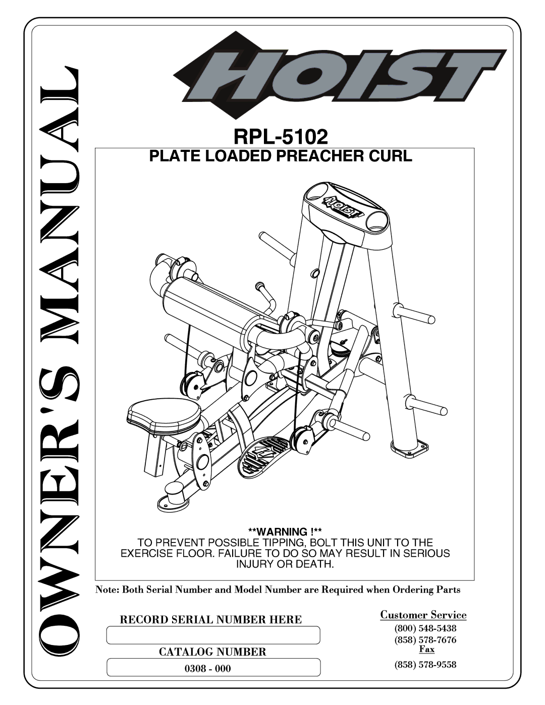 Hoist Fitness RPL-5102 owner manual Plate Loaded Preacher Curl 