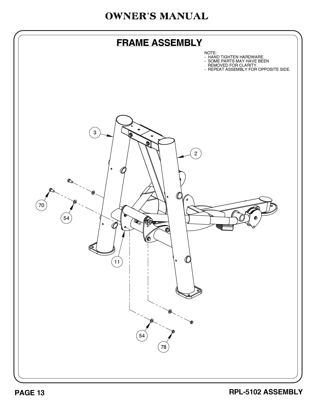 Hoist Fitness RPL-5102 owner manual Frame Assembly 