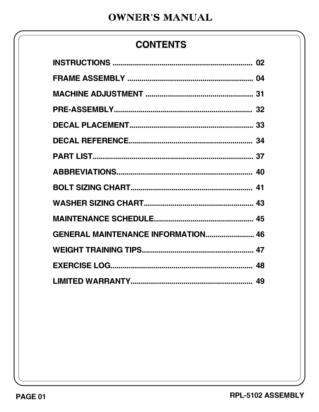 Hoist Fitness RPL-5102 owner manual Contents 