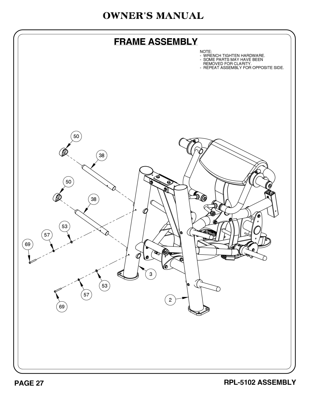 Hoist Fitness RPL-5102 owner manual Frame Assembly 