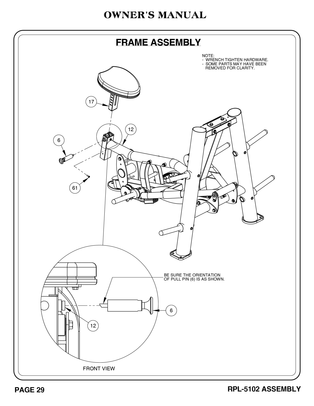 Hoist Fitness RPL-5102 owner manual Front View 