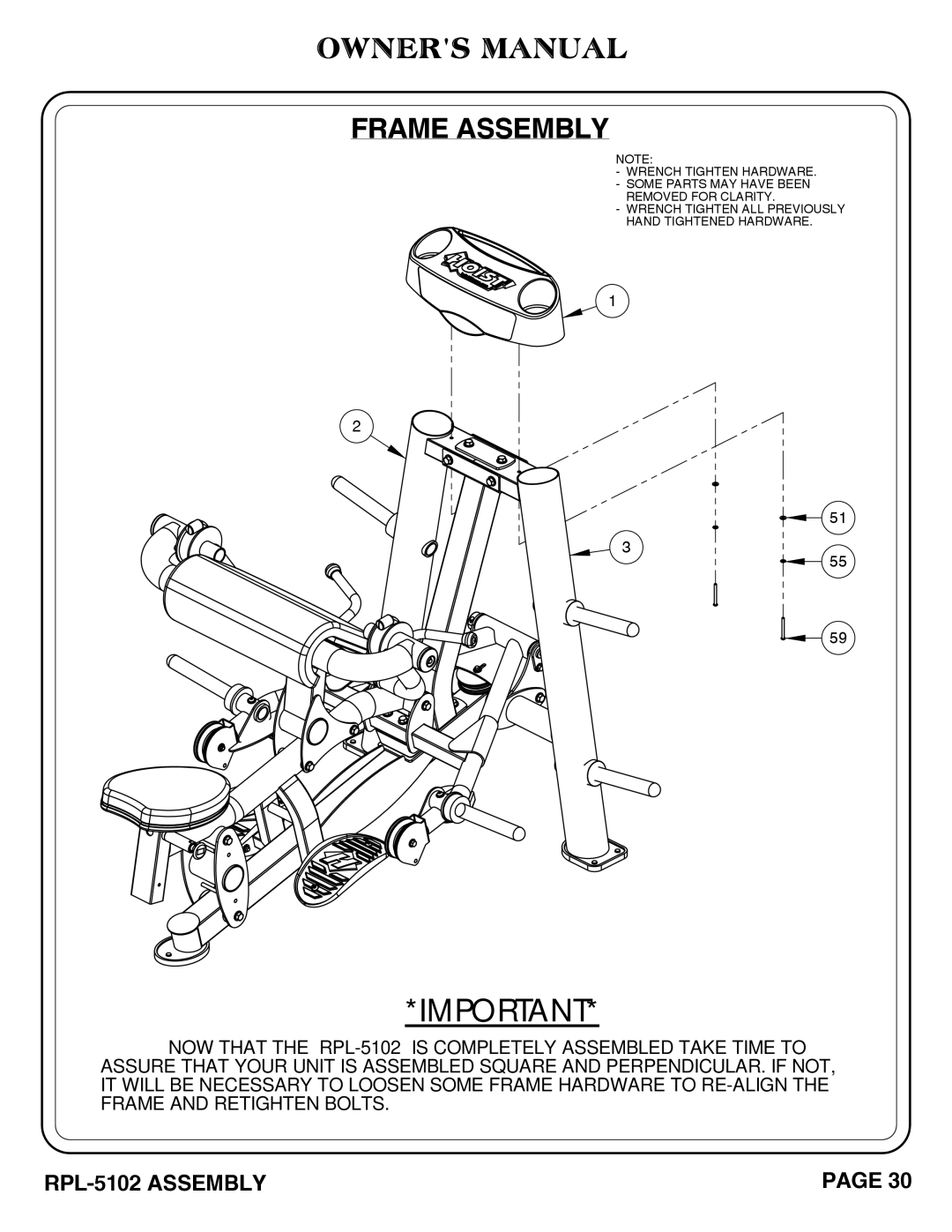 Hoist Fitness RPL-5102 owner manual Frame Assembly 