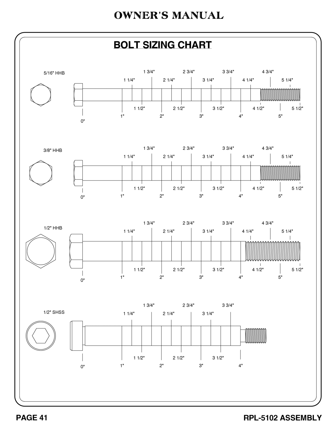 Hoist Fitness RPL-5102 owner manual Bolt Sizing Chart 