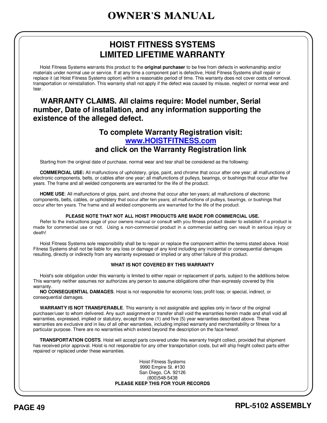 Hoist Fitness RPL-5102 owner manual Hoist Fitness Systems Limited Lifetime Warranty 