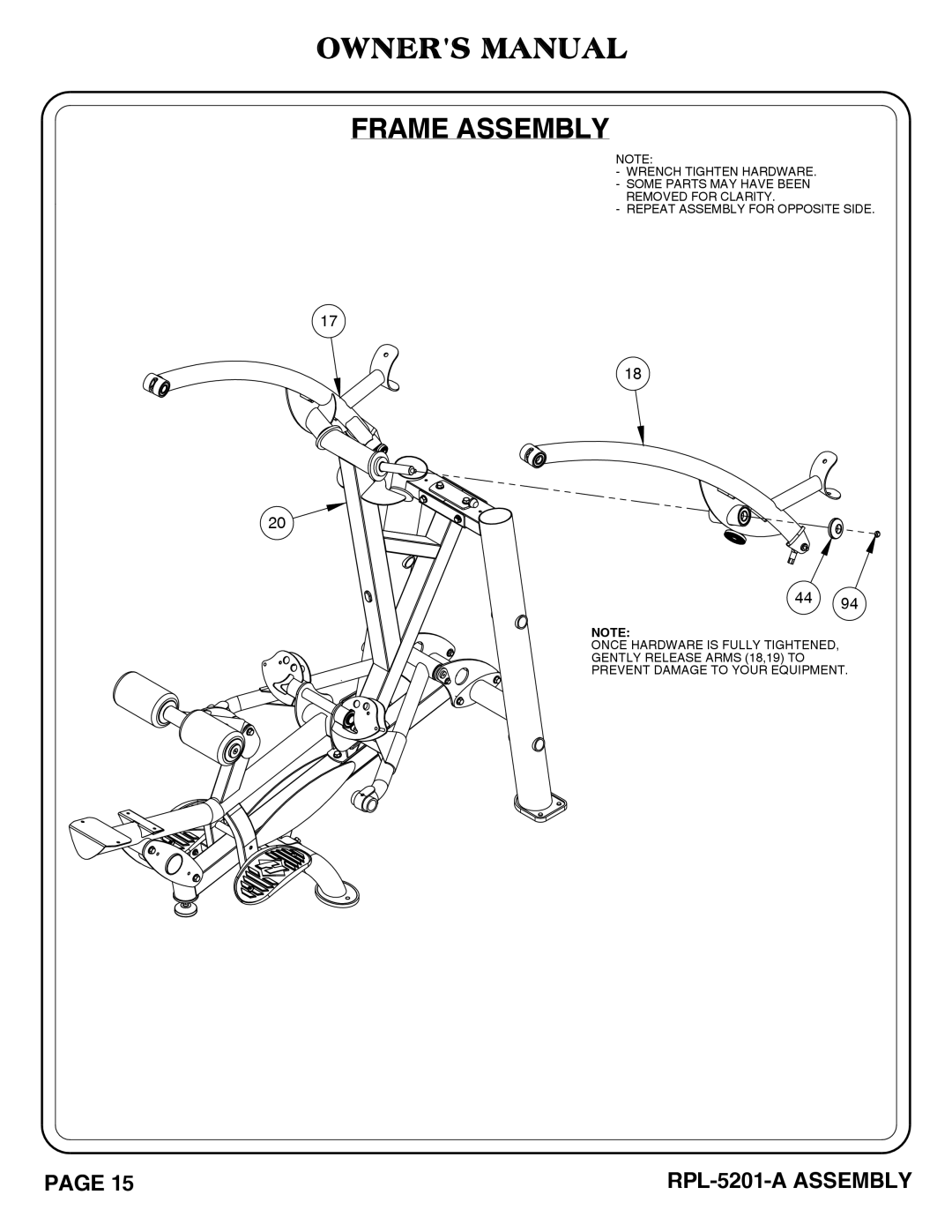 Hoist Fitness RPL-5201-A owner manual Frame Assembly 