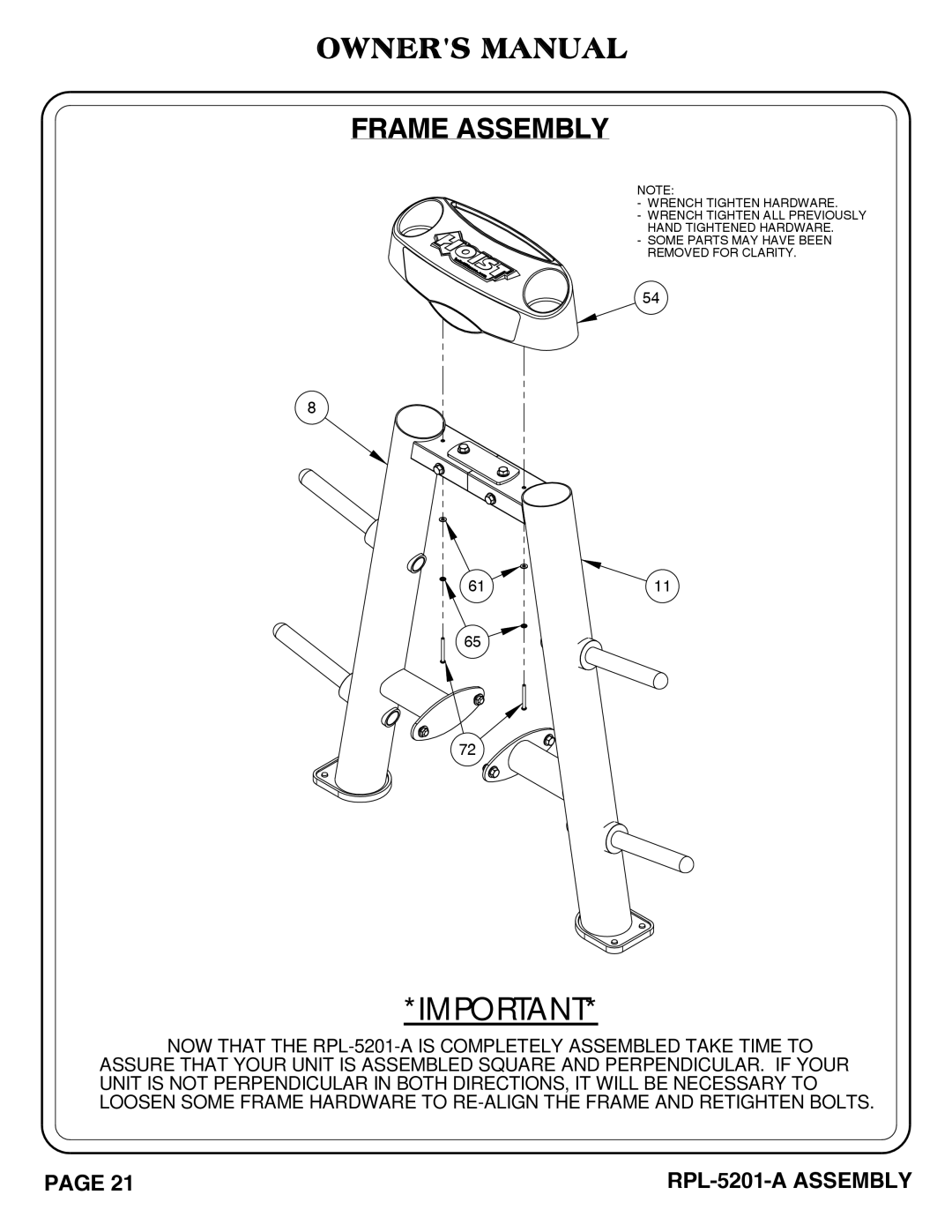 Hoist Fitness RPL-5201-A owner manual Frame Assembly 