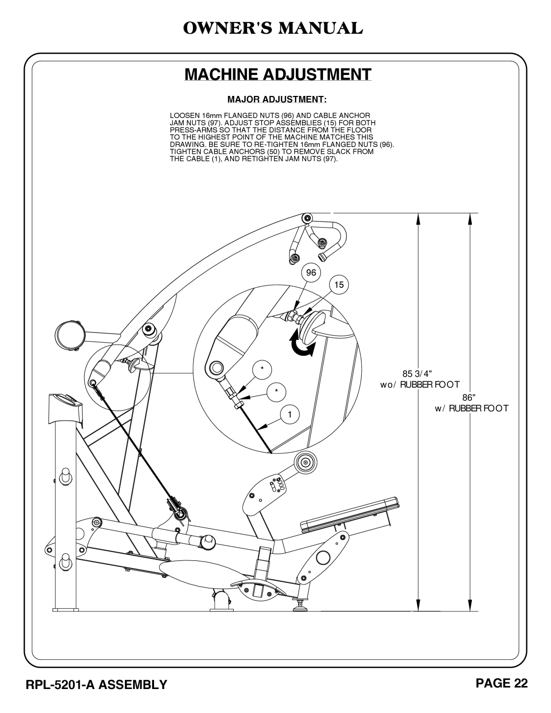 Hoist Fitness RPL-5201-A owner manual Machine Adjustment, Major Adjustment 