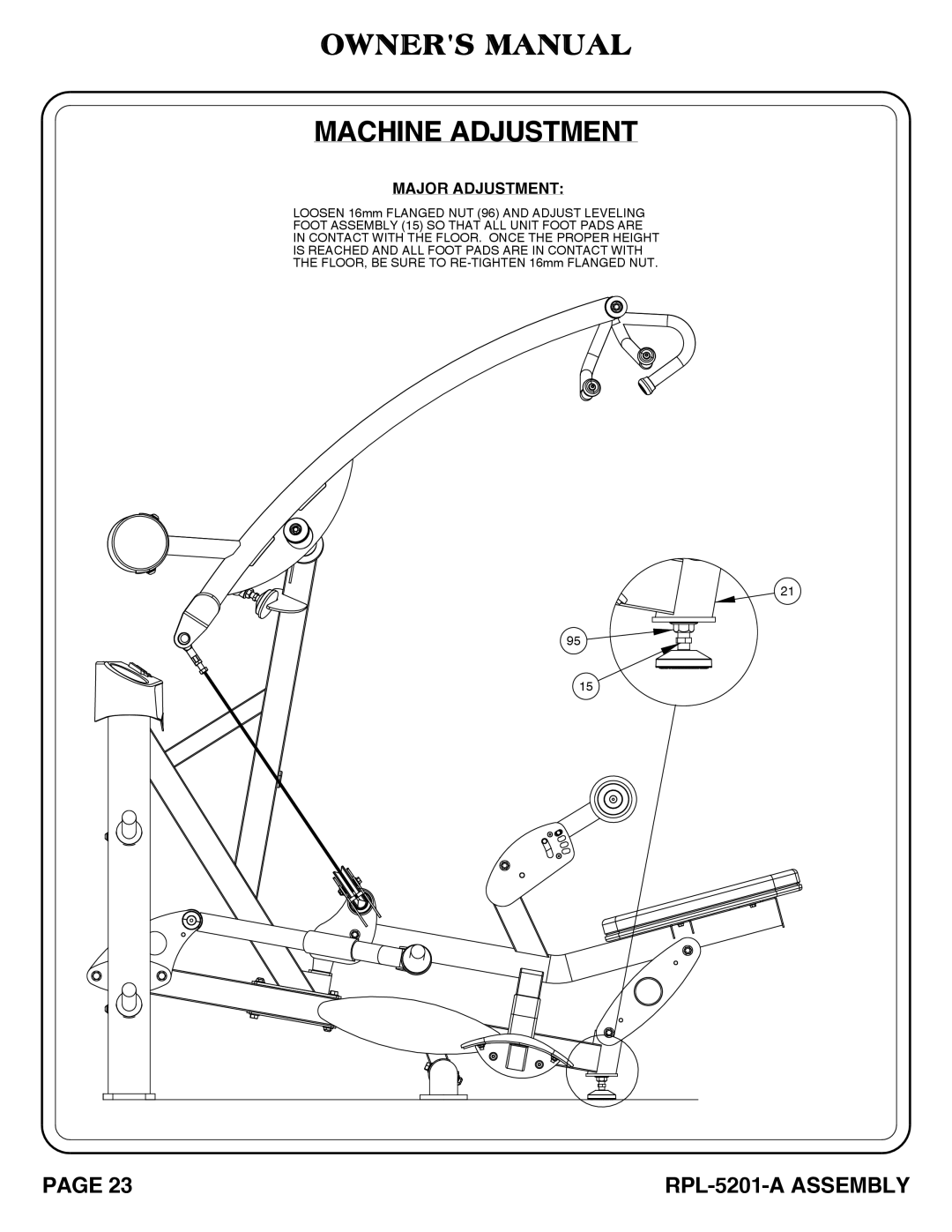 Hoist Fitness RPL-5201-A owner manual Loosen 16mm Flanged NUT 96 and Adjust Leveling 