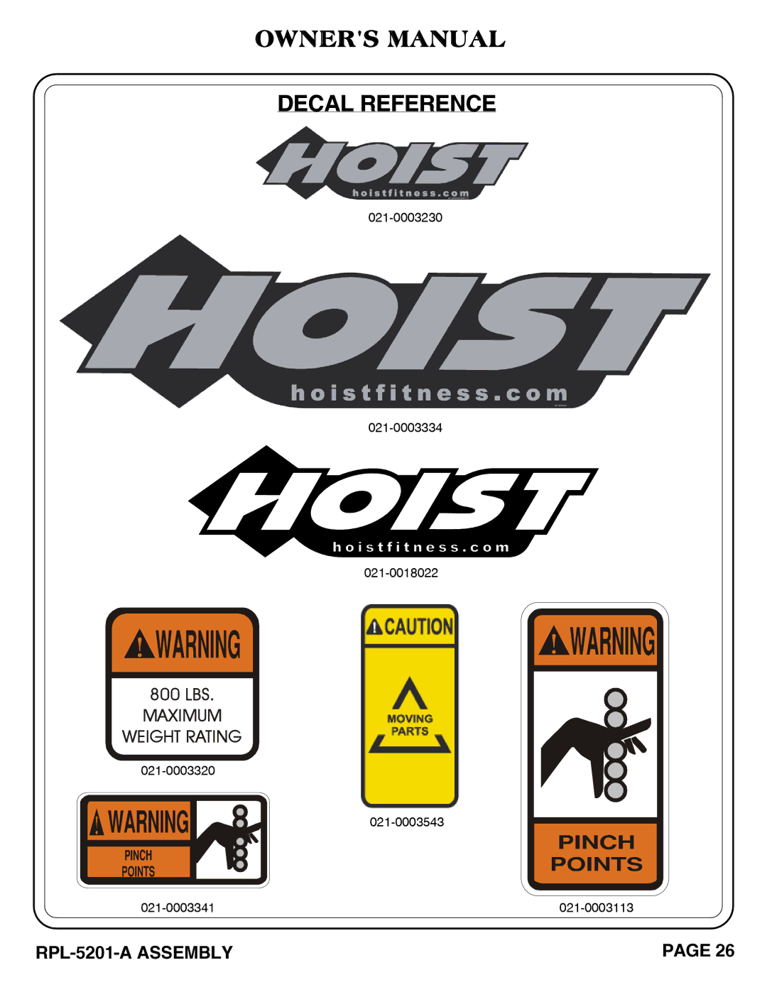 Hoist Fitness RPL-5201-A owner manual Decal Reference 