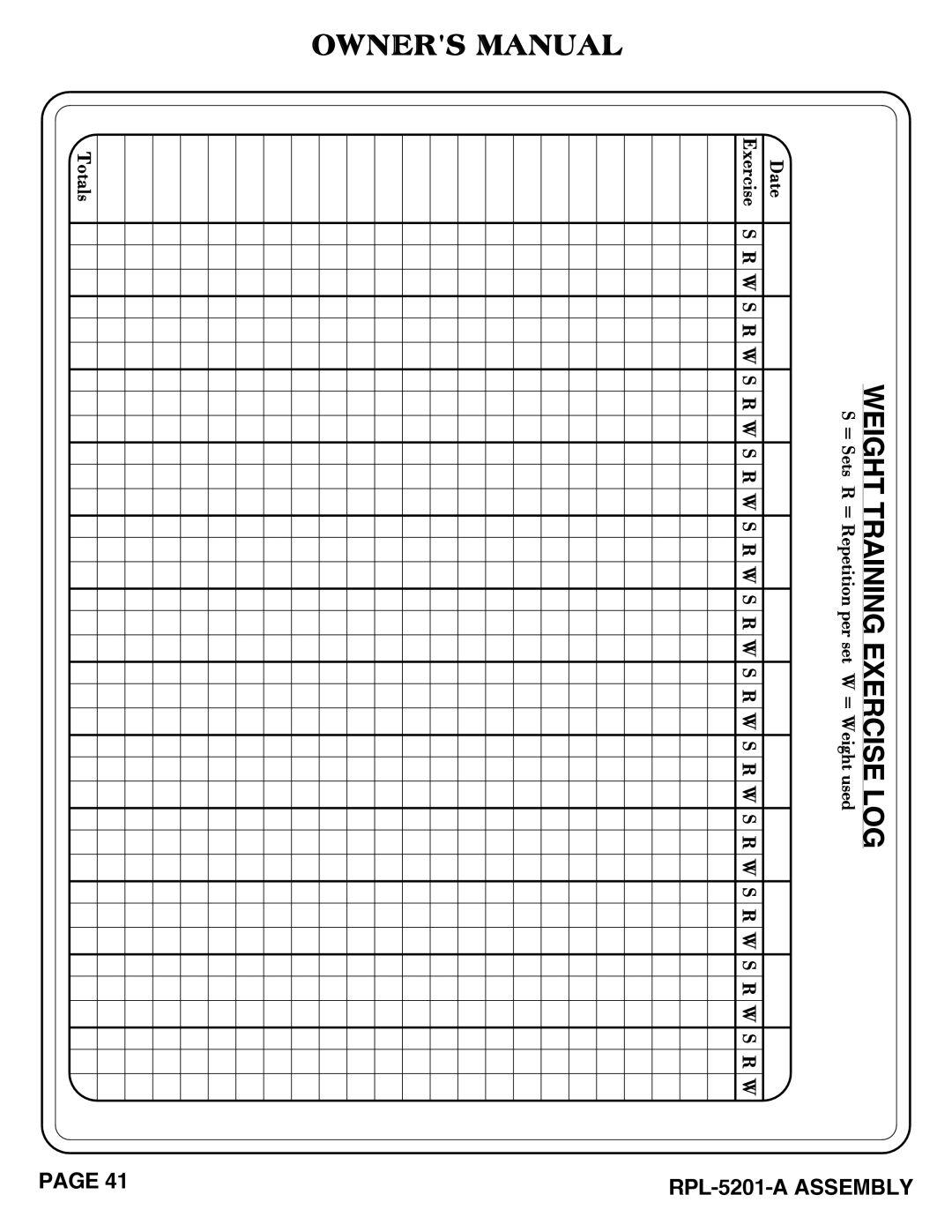 Hoist Fitness RPL-5201-A owner manual Weight Training Exercise LOG 