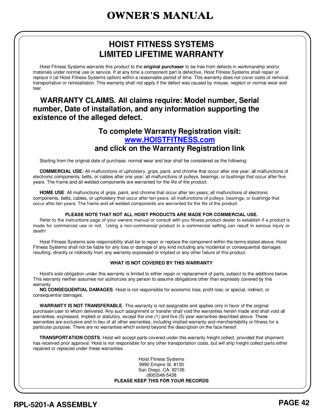 Hoist Fitness RPL-5201-A owner manual Hoist Fitness Systems Limited Lifetime Warranty 