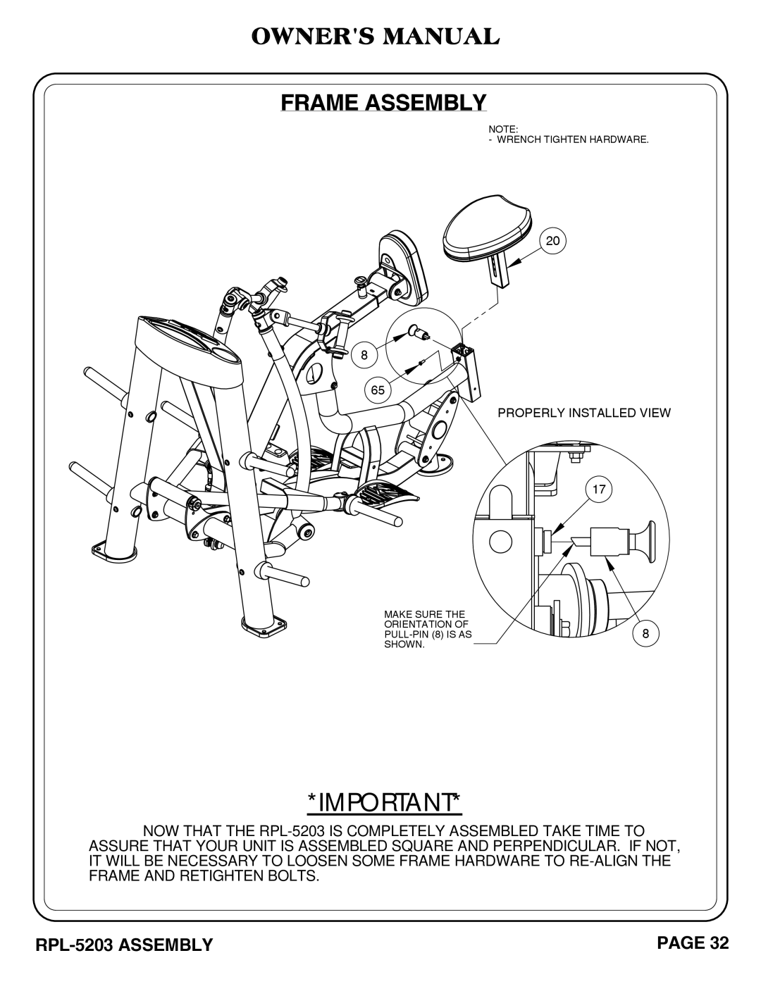 Hoist Fitness rpl-5203 owner manual Make Sure Orientation PULL-PIN 8 is AS8 Shown 