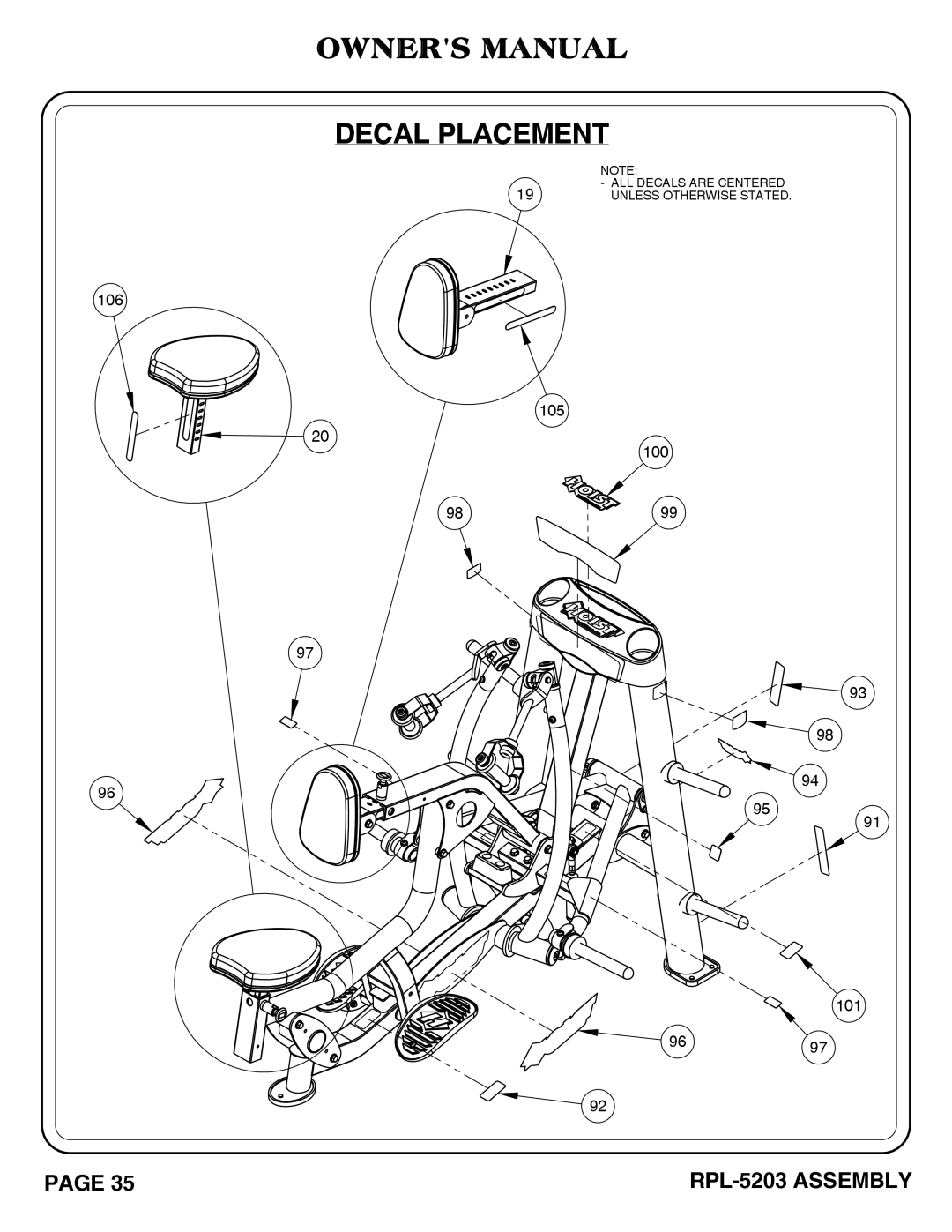 Hoist Fitness rpl-5203 owner manual Decal Placement 