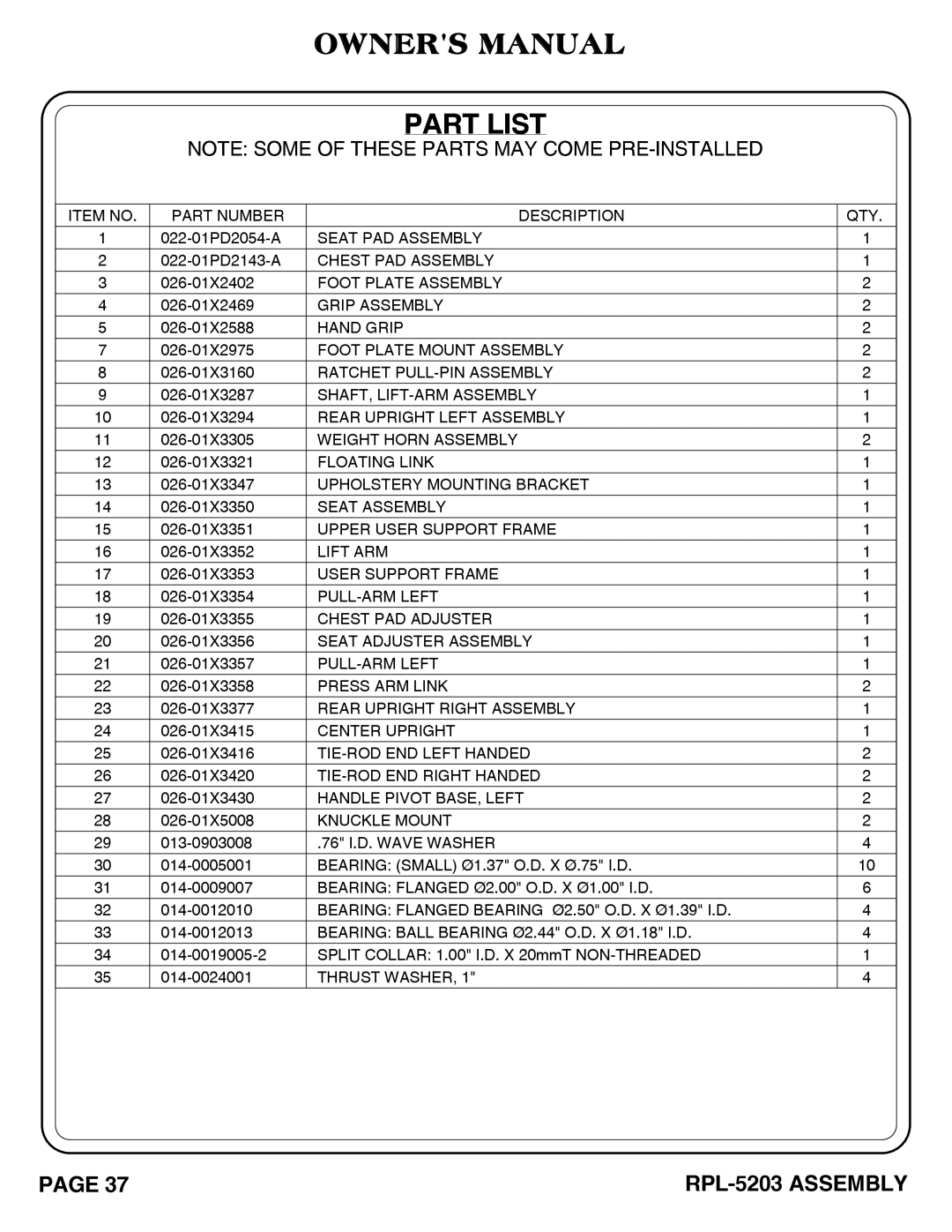 Hoist Fitness rpl-5203 owner manual Part List, 76 I.D. Wave Washer 