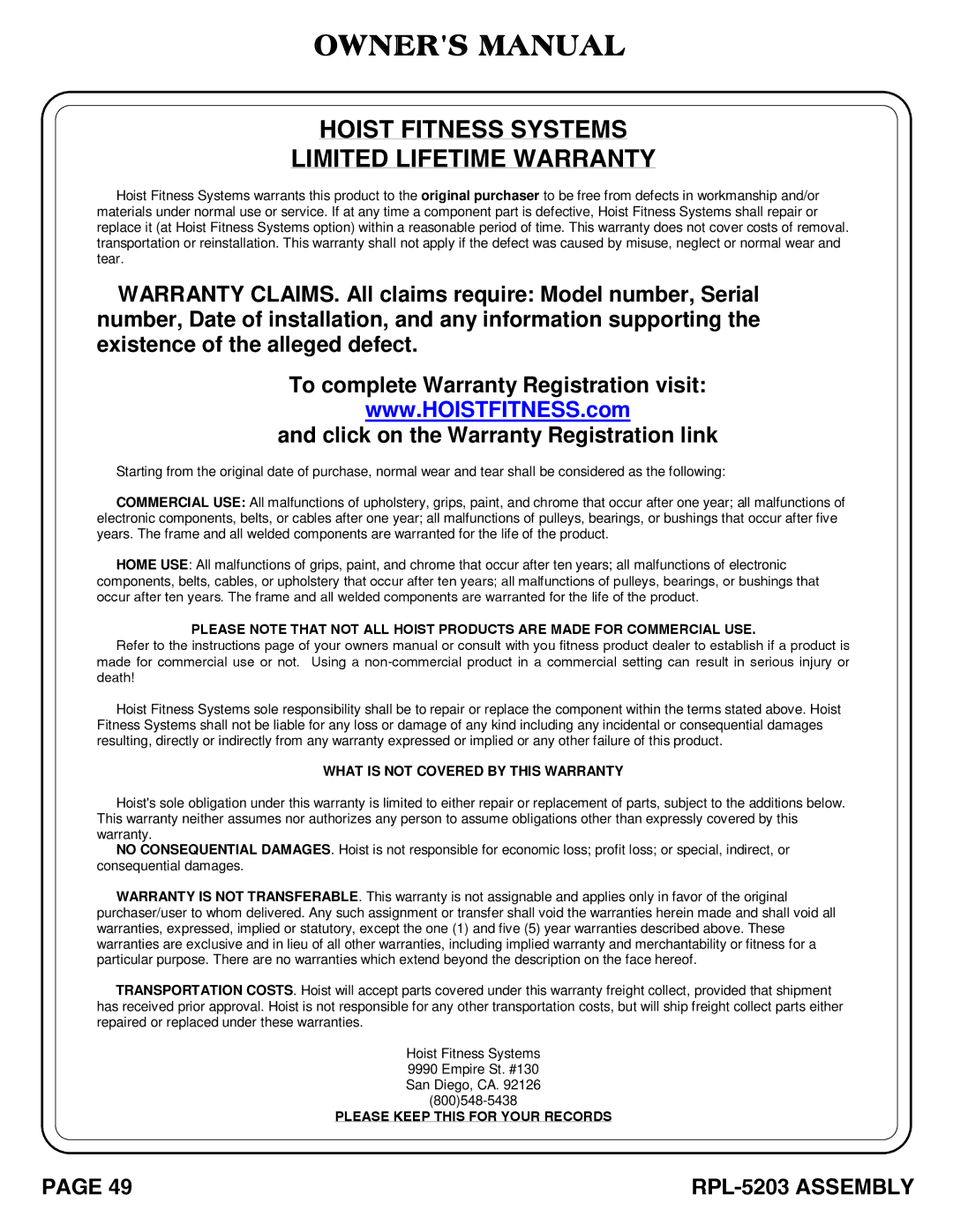 Hoist Fitness rpl-5203 owner manual Hoist Fitness Systems Limited Lifetime Warranty 