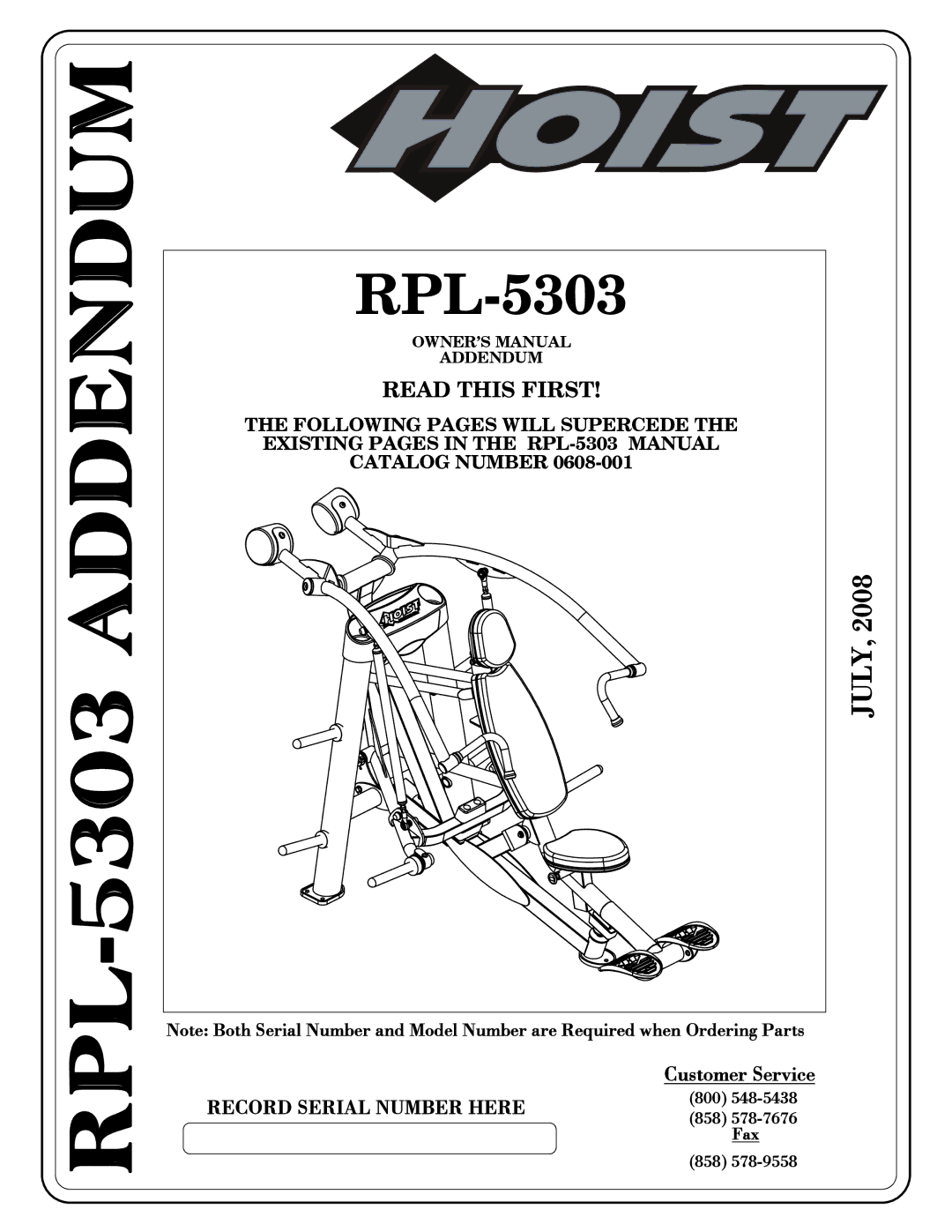 Hoist Fitness owner manual RPL-5303 Addendum 