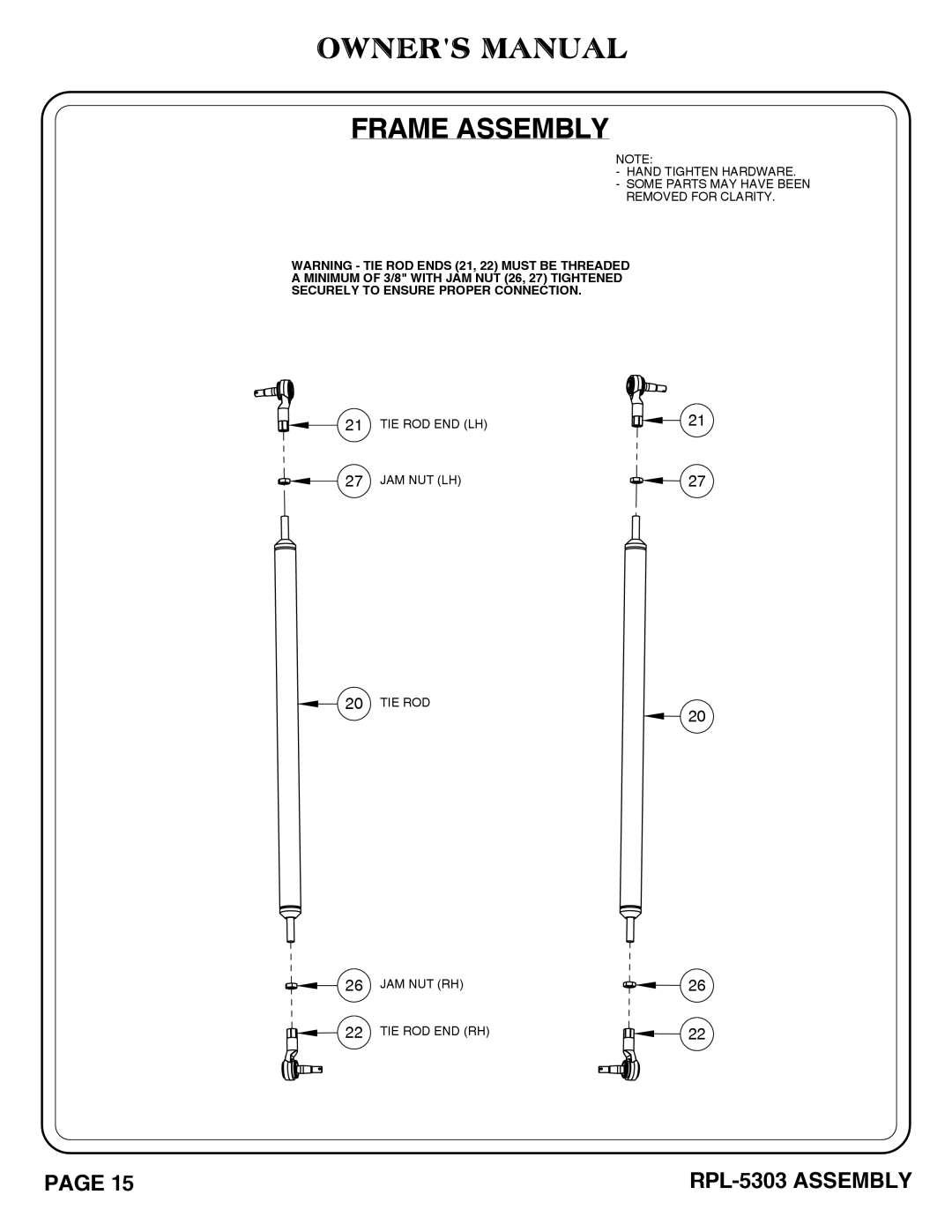 Hoist Fitness RPL-5303 owner manual Tie Rod End Lh Jam Nut Lh Jam Nut Rh Tie Rod End Rh 