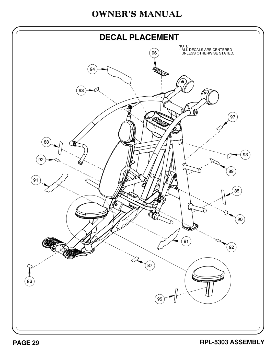 Hoist Fitness RPL-5303 owner manual Decal Placement 