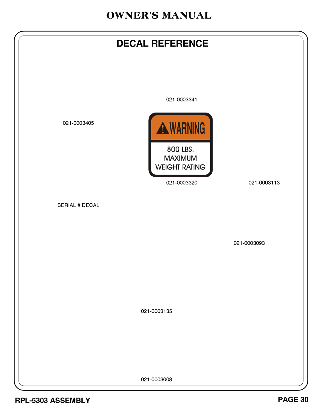 Hoist Fitness RPL-5303 owner manual Decal Reference 