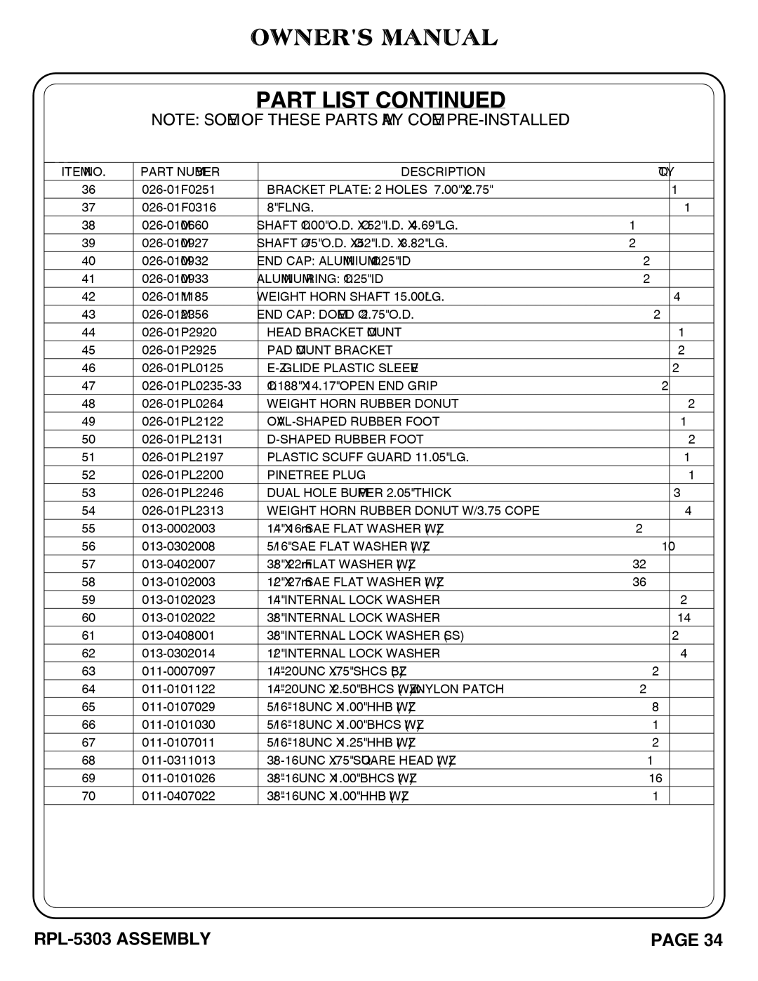 Hoist Fitness RPL-5303 owner manual END CAP Aluminium Ø1.25 ID 