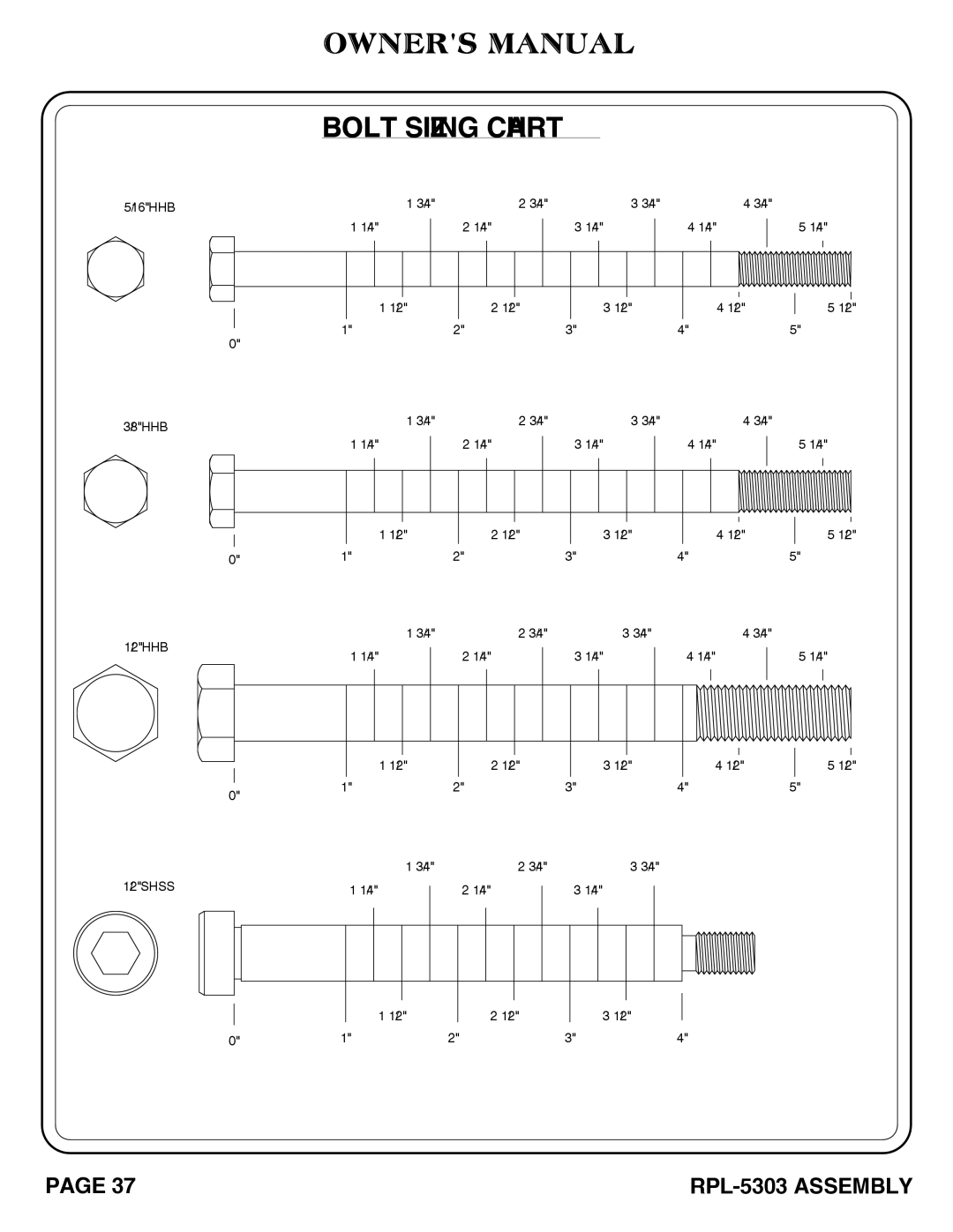 Hoist Fitness RPL-5303 owner manual Bolt Sizing Chart 