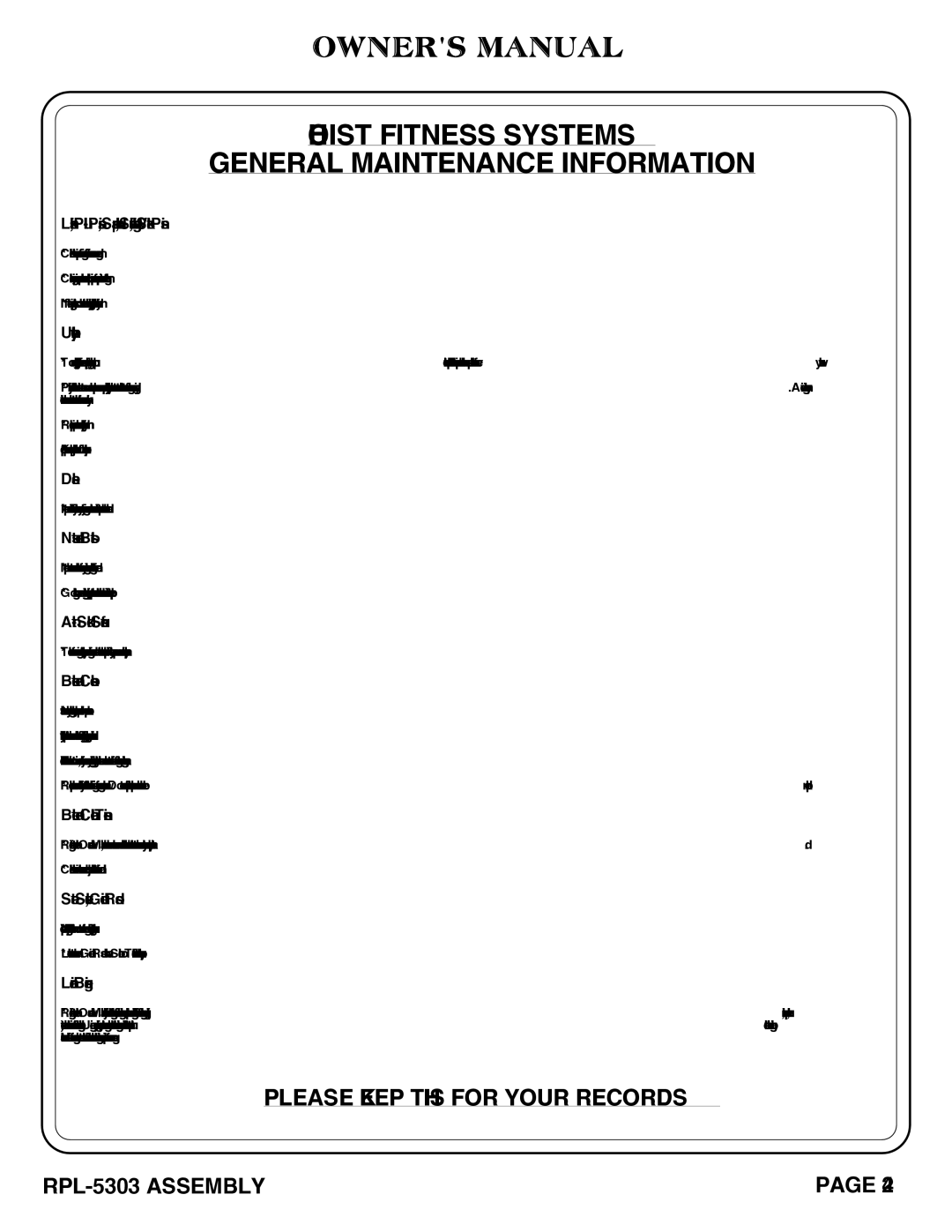 Hoist Fitness RPL-5303 owner manual Hoist Fitness Systems General Maintenance Information 