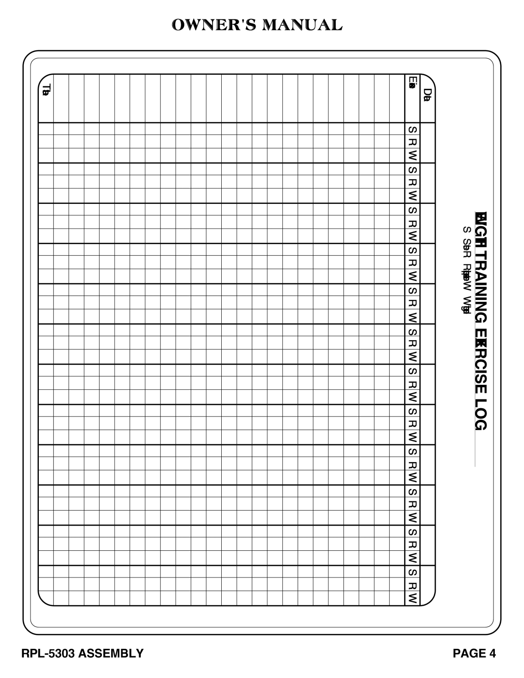 Hoist Fitness RPL-5303 owner manual Weight Training Exercise LOG 