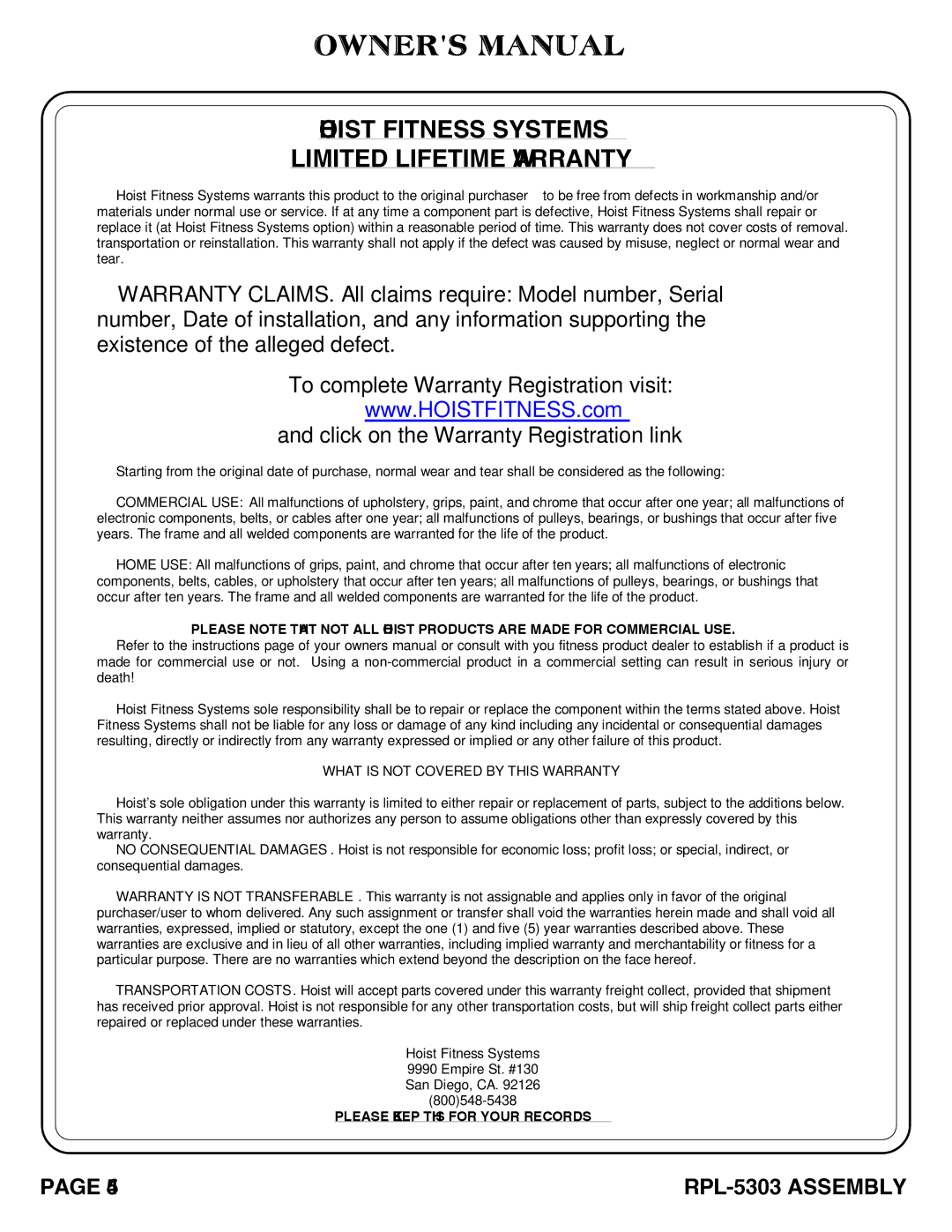 Hoist Fitness RPL-5303 owner manual Hoist Fitness Systems Limited Lifetime Warranty 