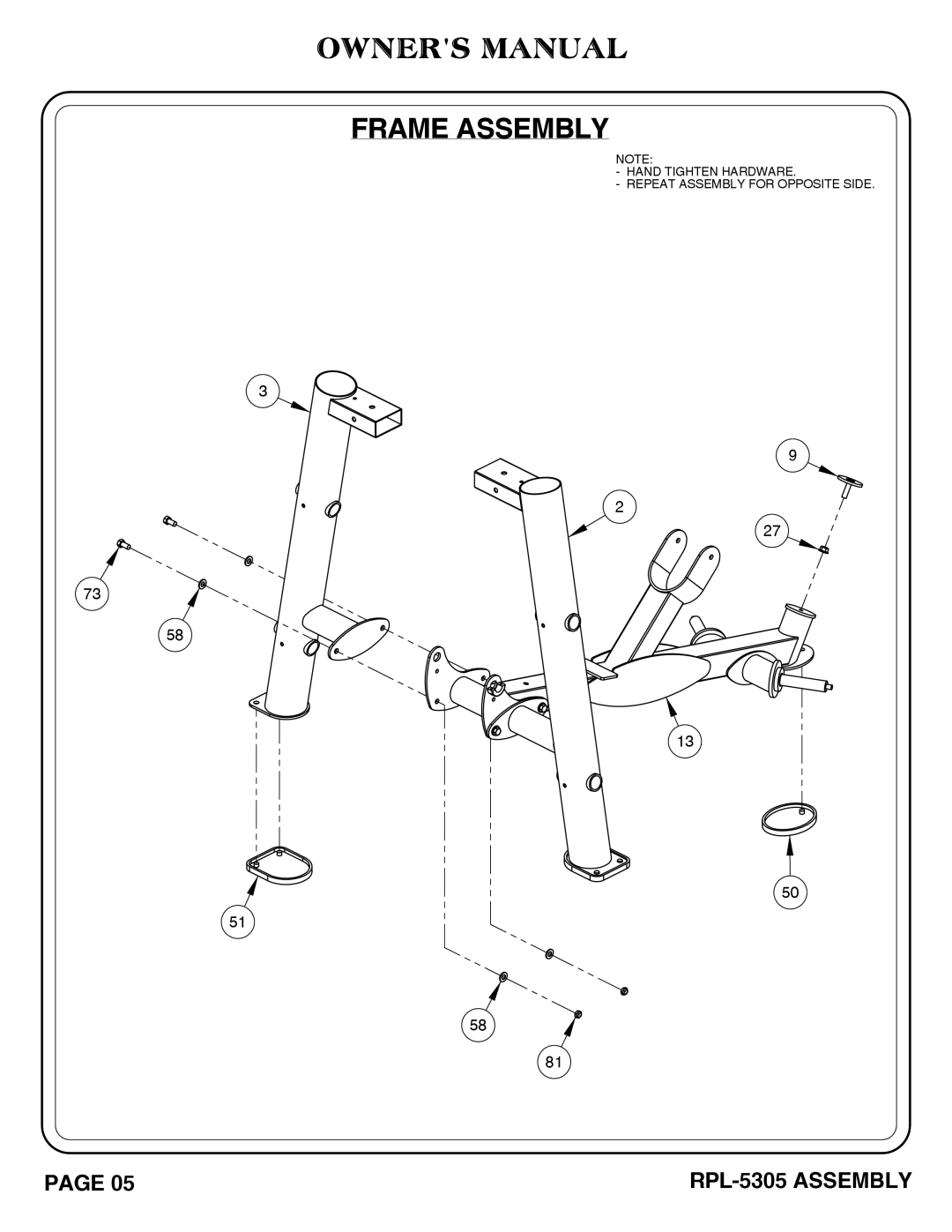 Hoist Fitness RPL-5305 owner manual Hand Tighten Hardware Repeat Assembly for Opposite Side 