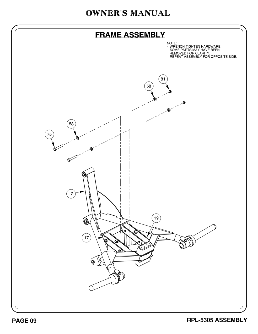 Hoist Fitness RPL-5305 owner manual Frame Assembly 