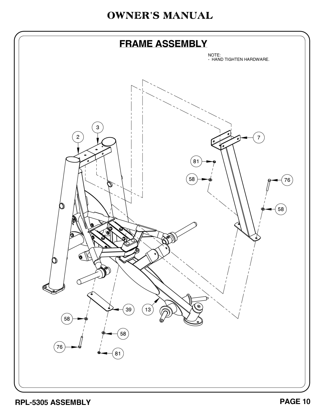 Hoist Fitness RPL-5305 owner manual Hand Tighten Hardware 