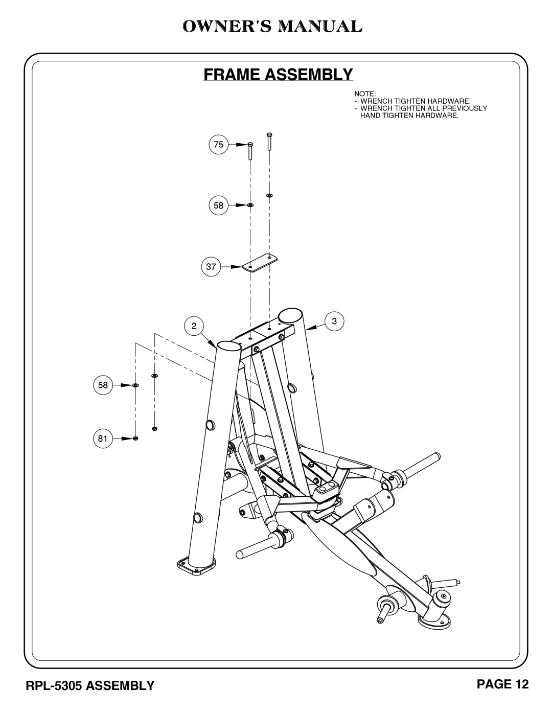 Hoist Fitness RPL-5305 owner manual Frame Assembly 