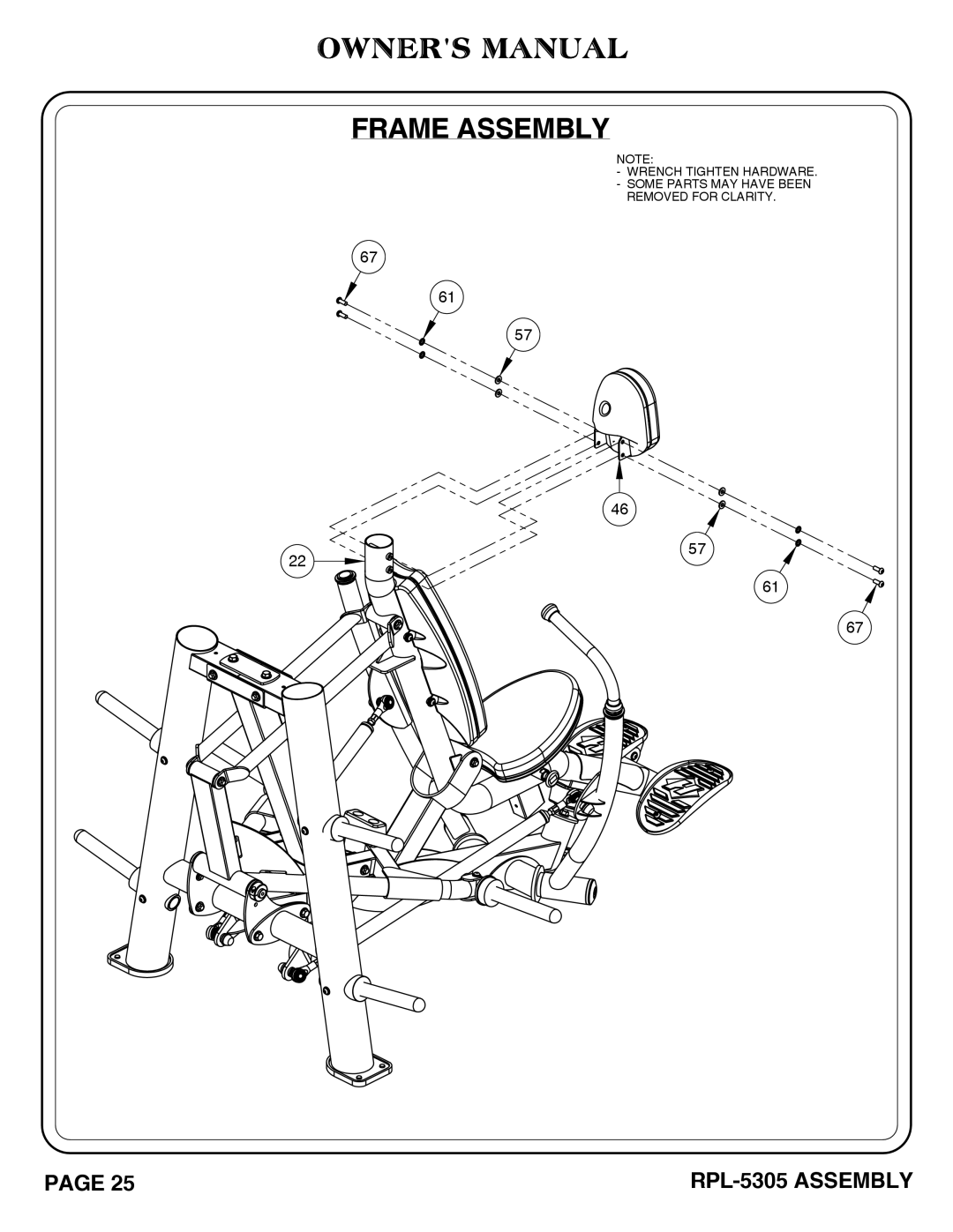 Hoist Fitness RPL-5305 owner manual Frame Assembly 