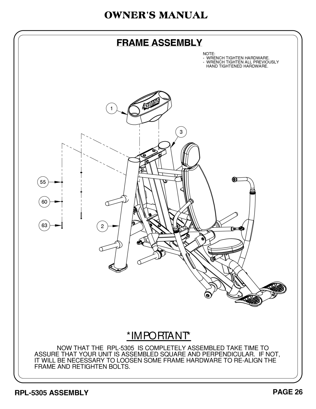 Hoist Fitness RPL-5305 owner manual Frame Assembly 