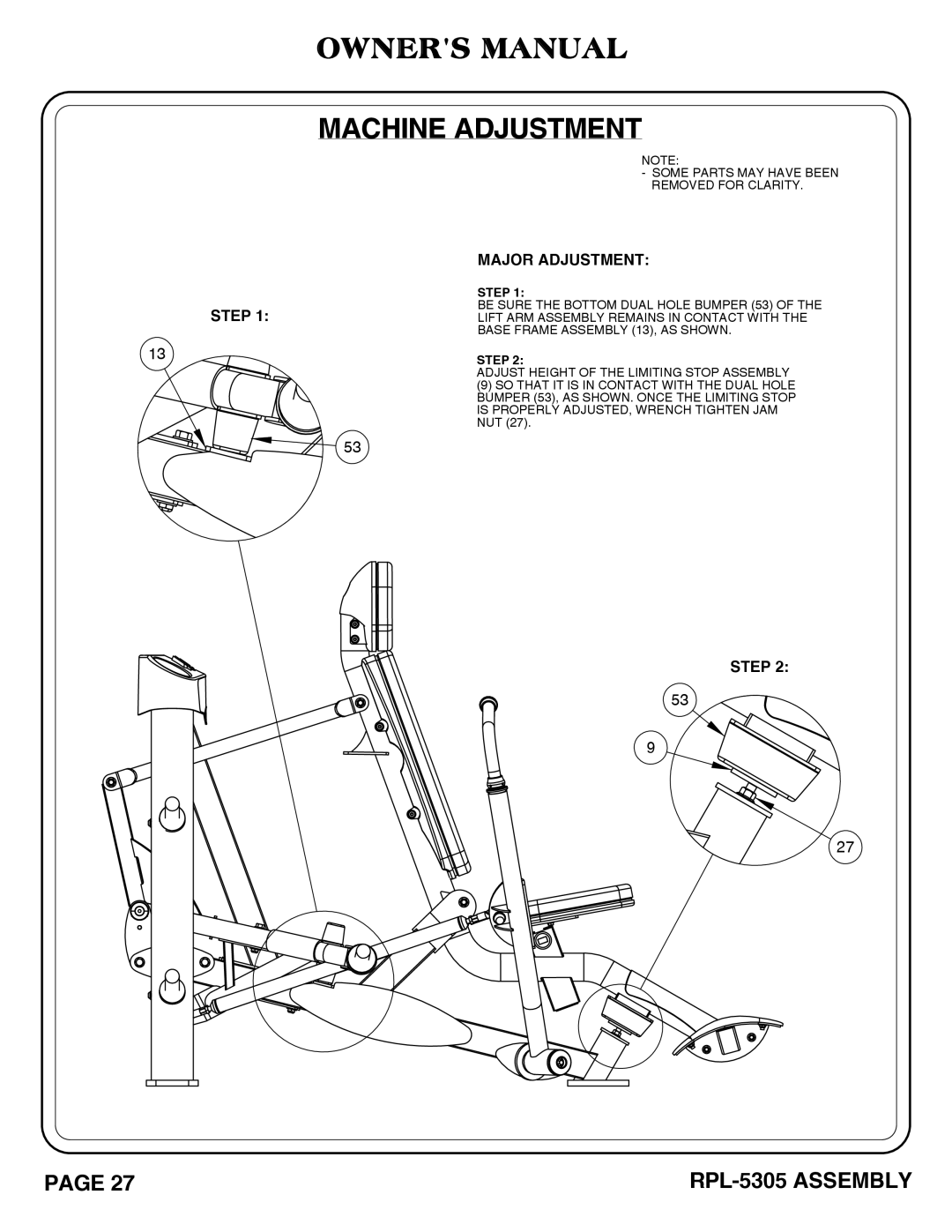 Hoist Fitness RPL-5305 owner manual Machine Adjustment 