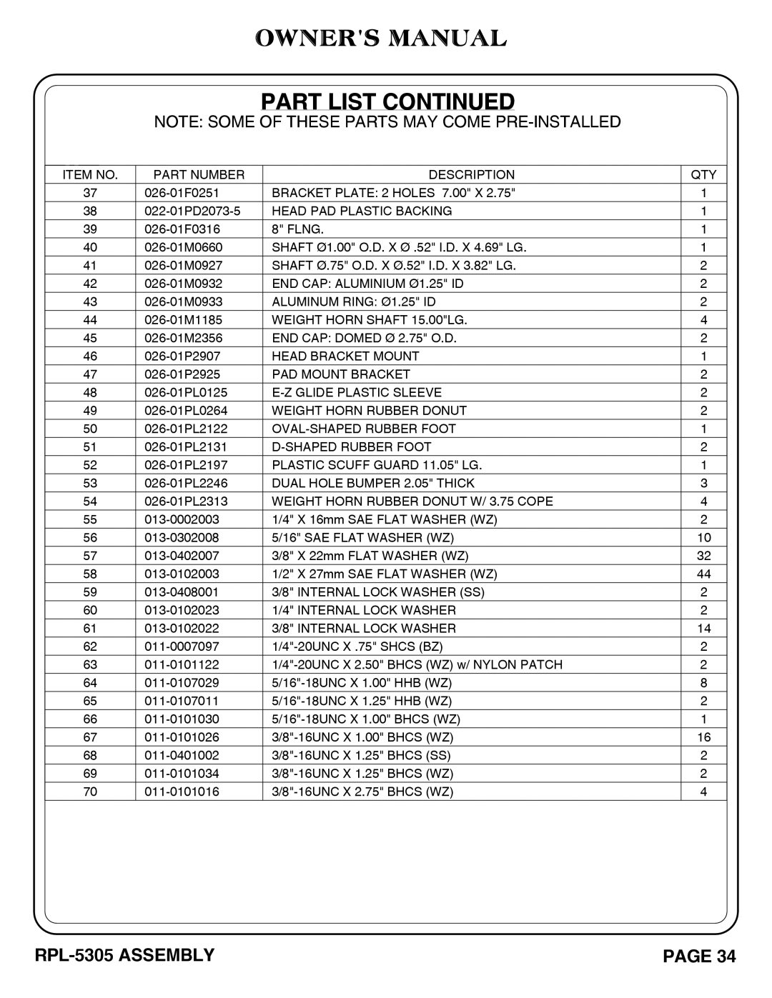 Hoist Fitness RPL-5305 owner manual END CAP Aluminium Ø1.25 ID 