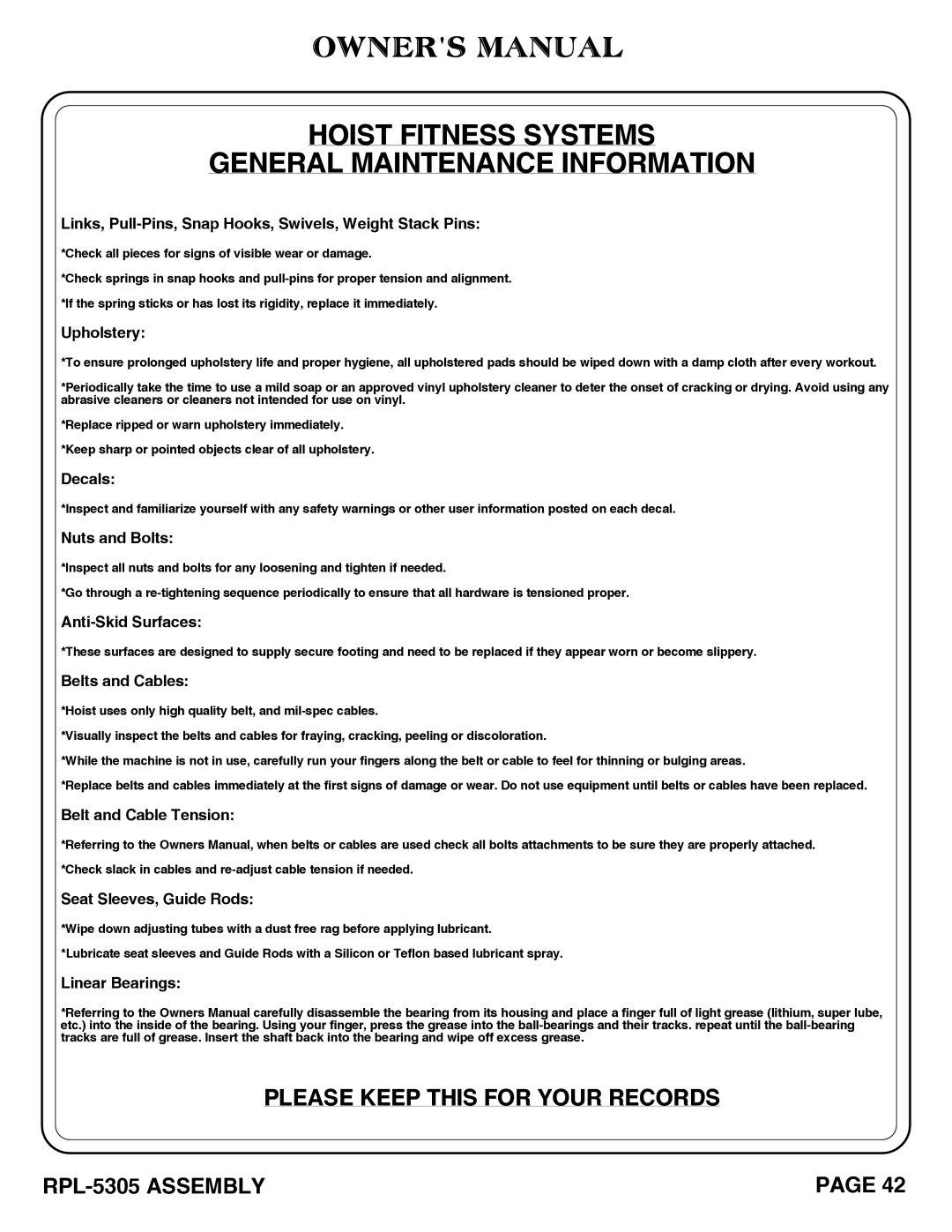 Hoist Fitness RPL-5305 owner manual Hoist Fitness Systems General Maintenance Information 