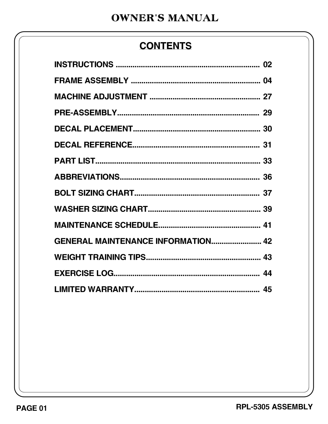 Hoist Fitness RPL-5305 owner manual Contents 